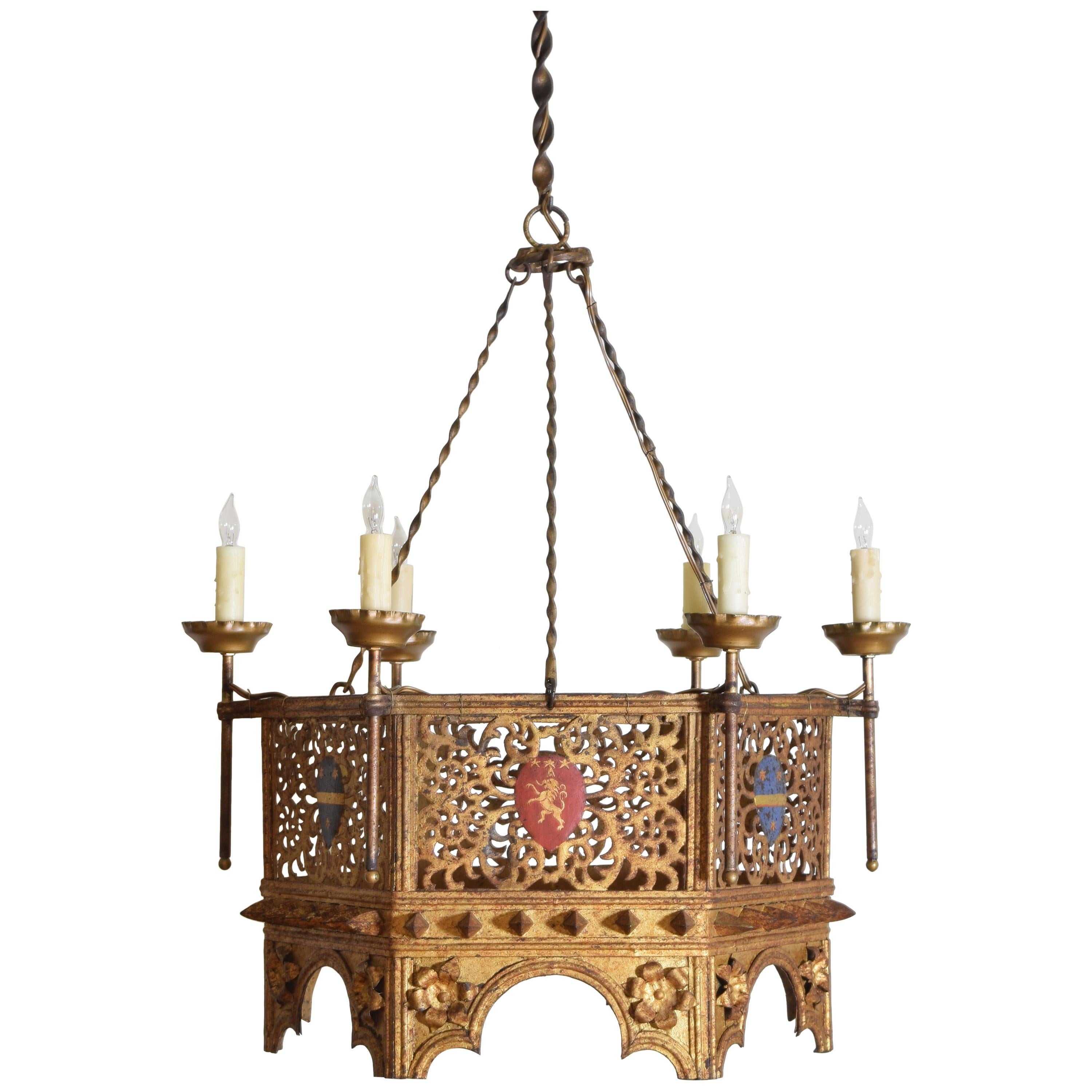 Italian Renaissance Style Wrought Iron & Gilt & Painted Metal 6-Light Chandelier