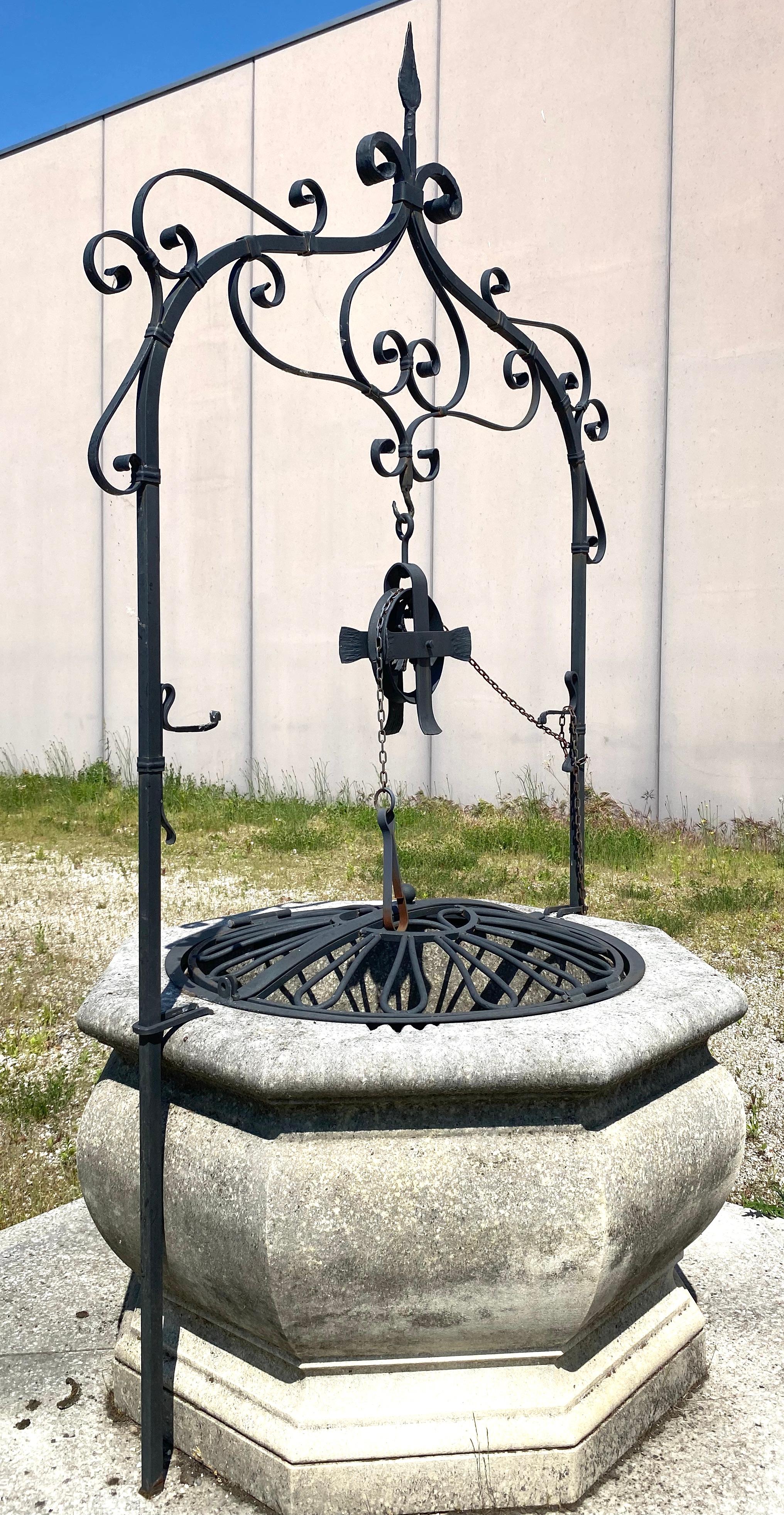 Hand-Carved Italian Renaissance Style Wrought Iron Wishing Stone Well Head and Base For Sale