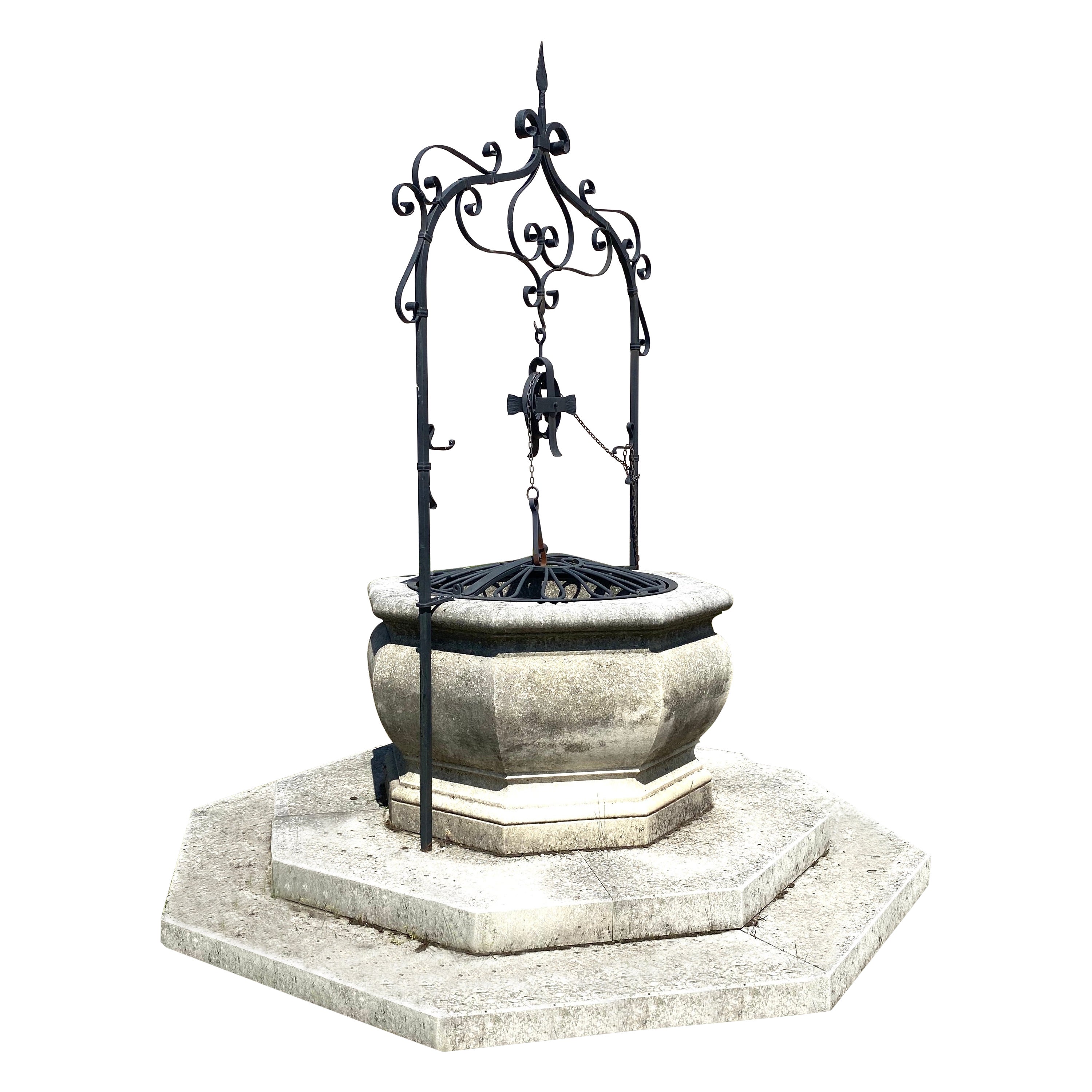 Italian Renaissance Style Wrought Iron Wishing Stone Well Head and Base