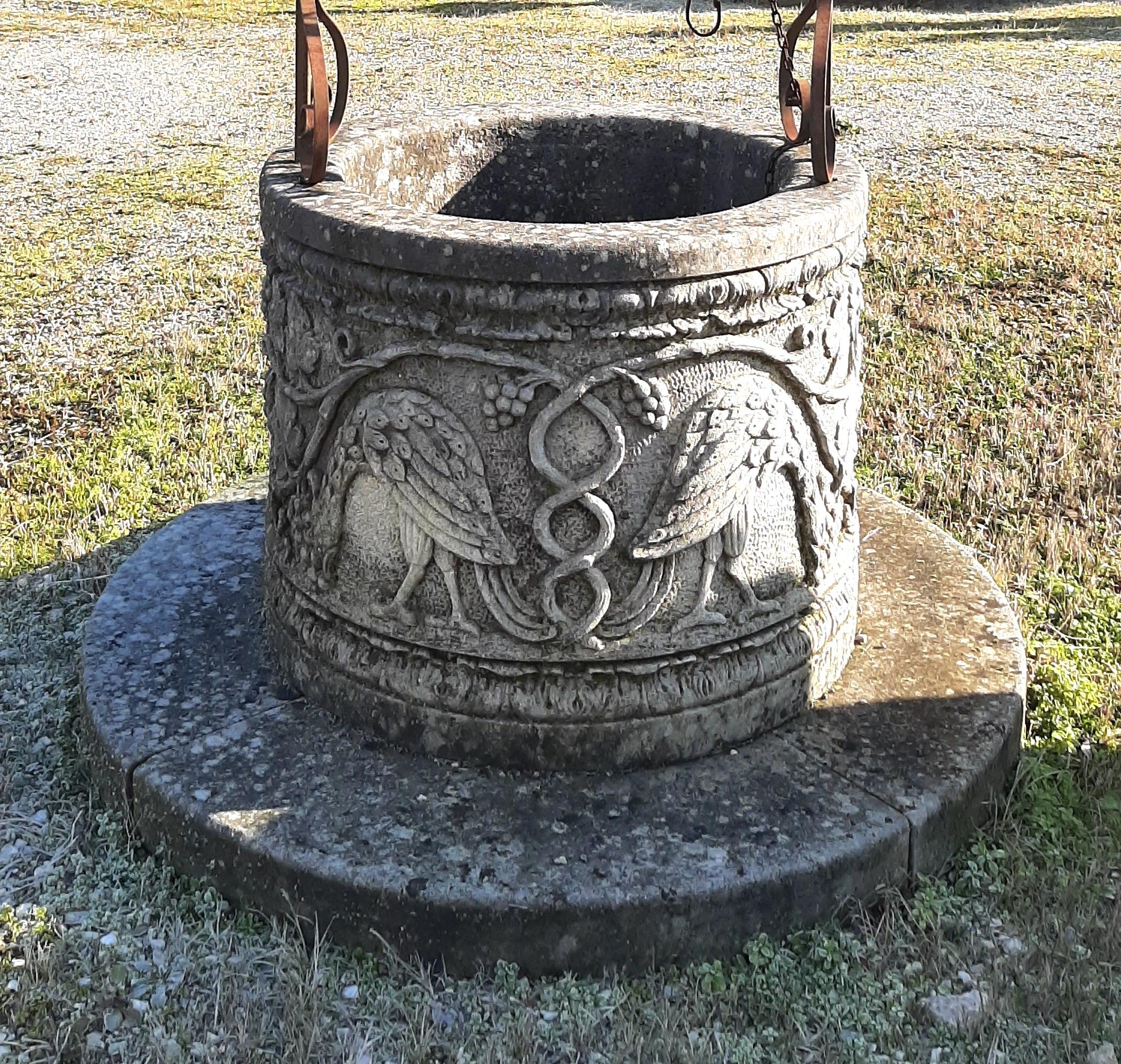A fine Italian carved limestone and wrought iron wishing well head from the Veneto area.
Great decoration for your garden.
It may also be used as a planter. The round base diameter cm 140. The height with iron is cm 245
The well diameter cm 85 x
