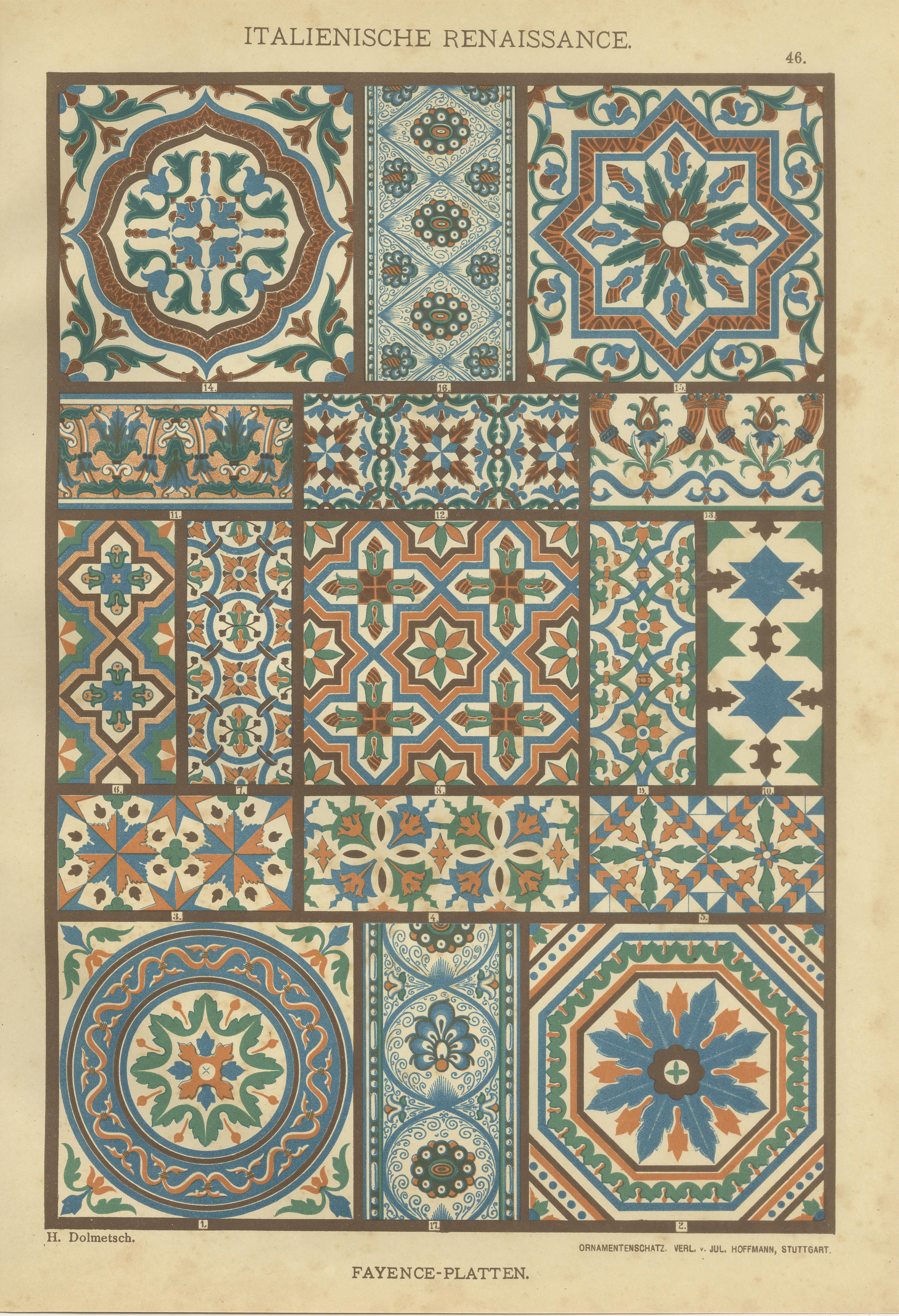 Italienischer Renaissance-Kacheldesigns-Druck aus Ornamentenschatz, 19. Jahrhundert

Diese wunderschön gedruckte Chromolithografie aus dem 19. Jahrhundert zeigt eine schillernde Auswahl italienischer Fliesendesigns aus der Renaissance, die