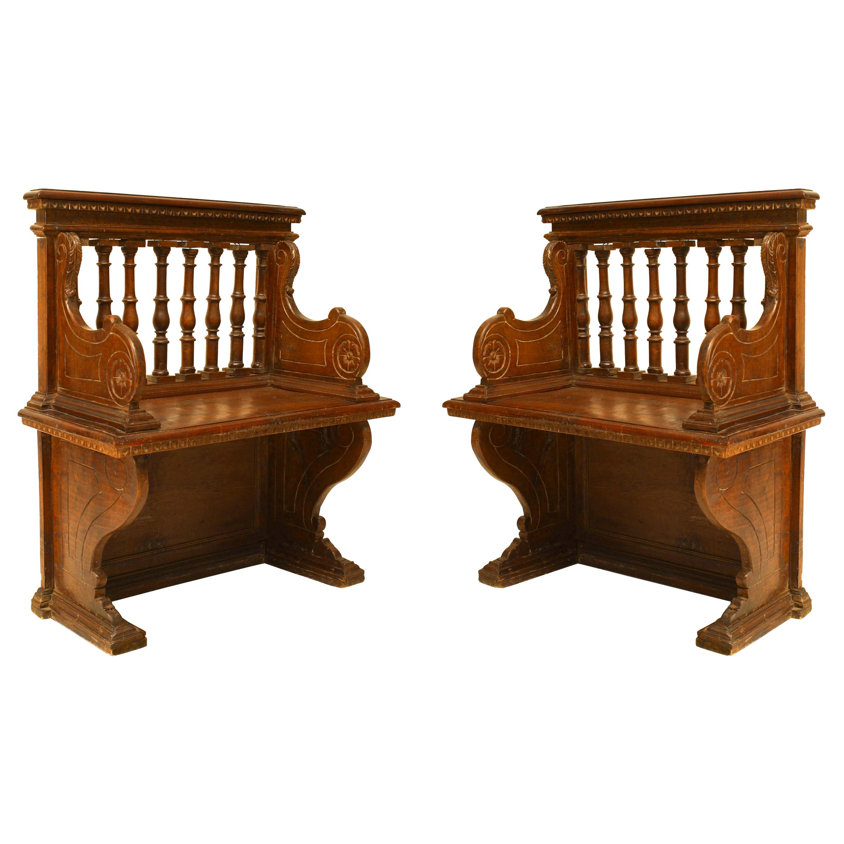 Italian Renaissance Walnut Column Back Benches For Sale