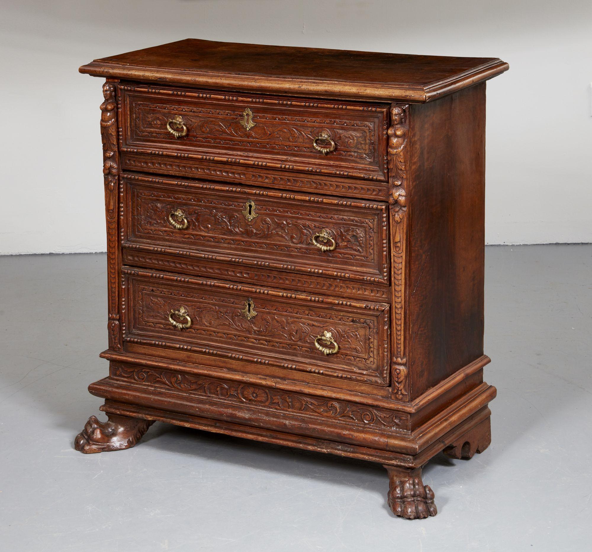 Carved Italian Renaissance Walnut Commode For Sale