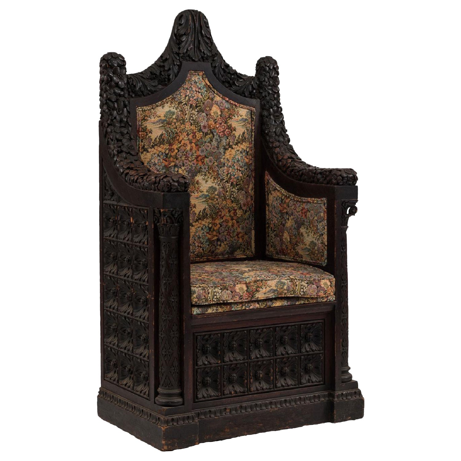 Italian Renaissance Walnut Tapestry Throne Chair For Sale