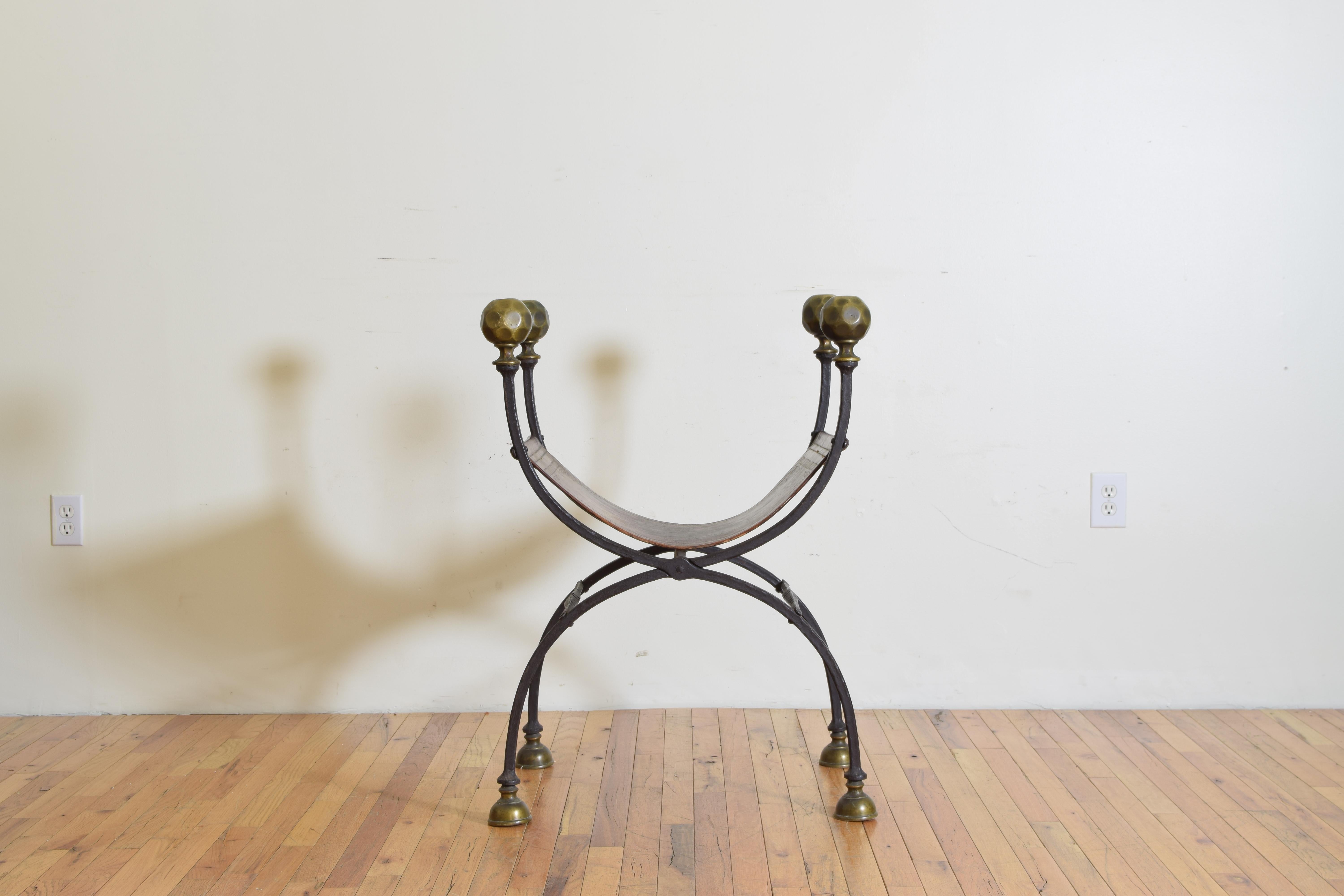 Renaissance Revival Italian Renaissance Wrought Iron, Bronze, and Leather Curule Form Chair