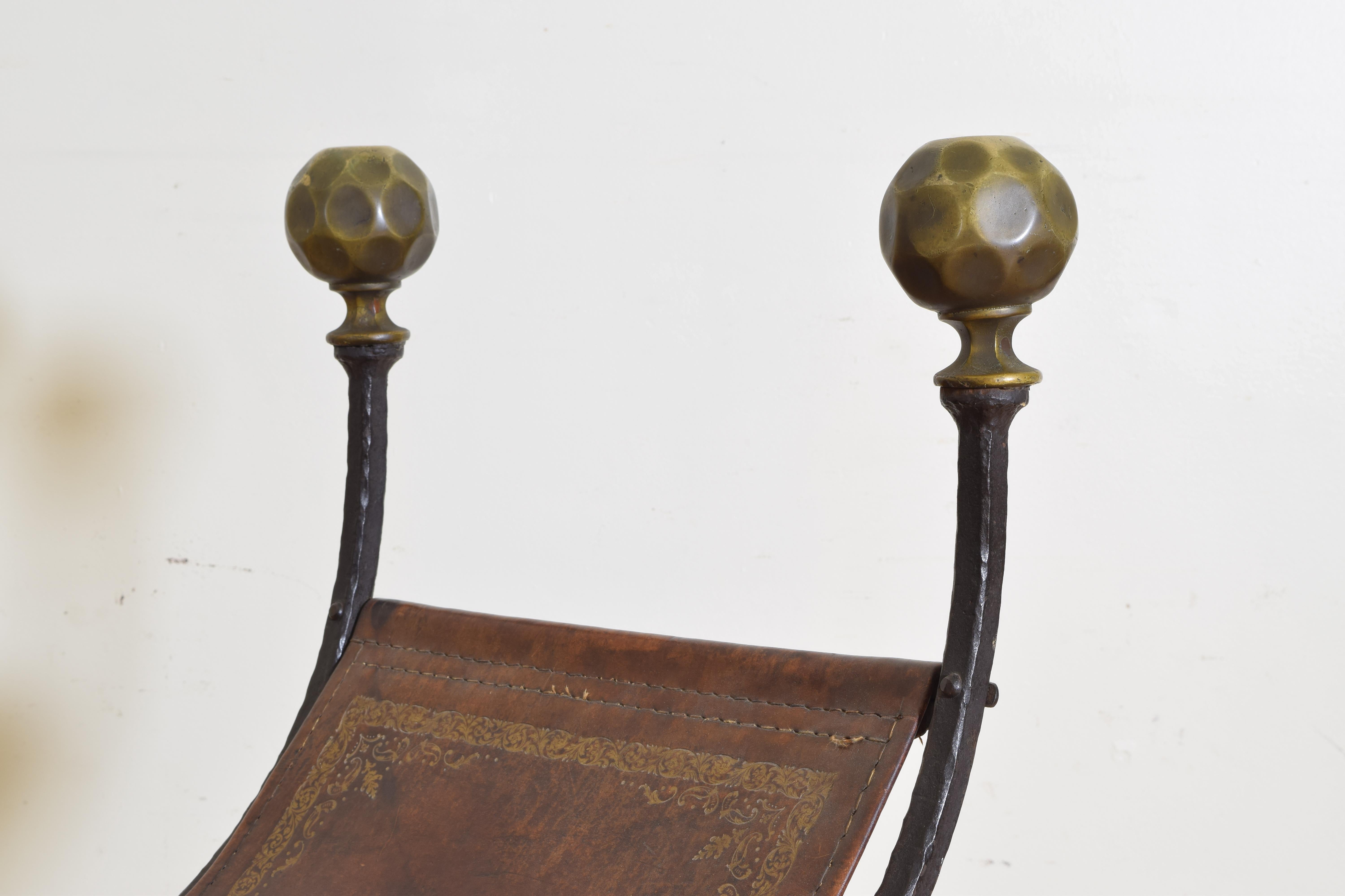 Late 19th Century Italian Renaissance Wrought Iron, Bronze, and Leather Curule Form Chair