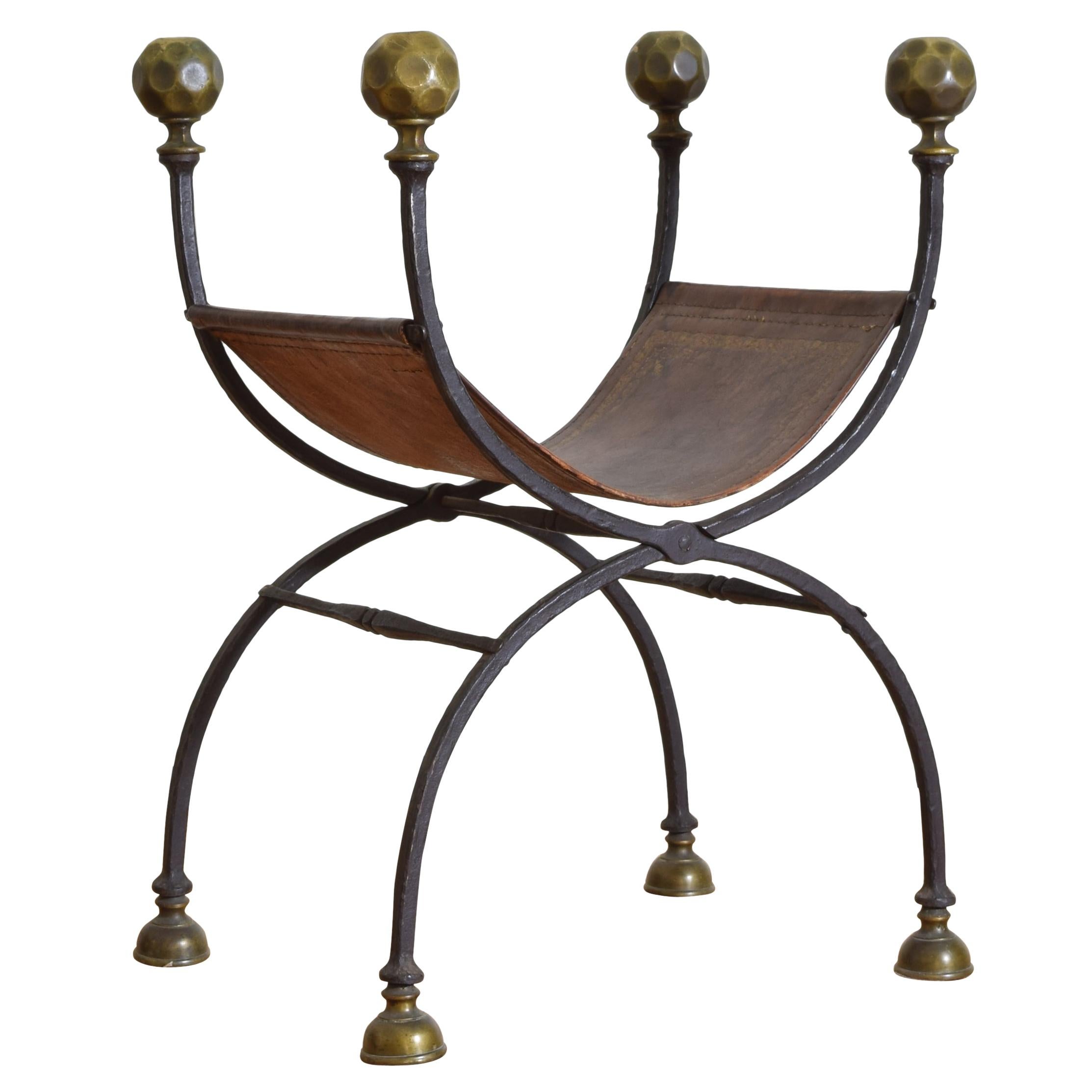 Italian Renaissance Wrought Iron, Bronze, and Leather Curule Form Chair