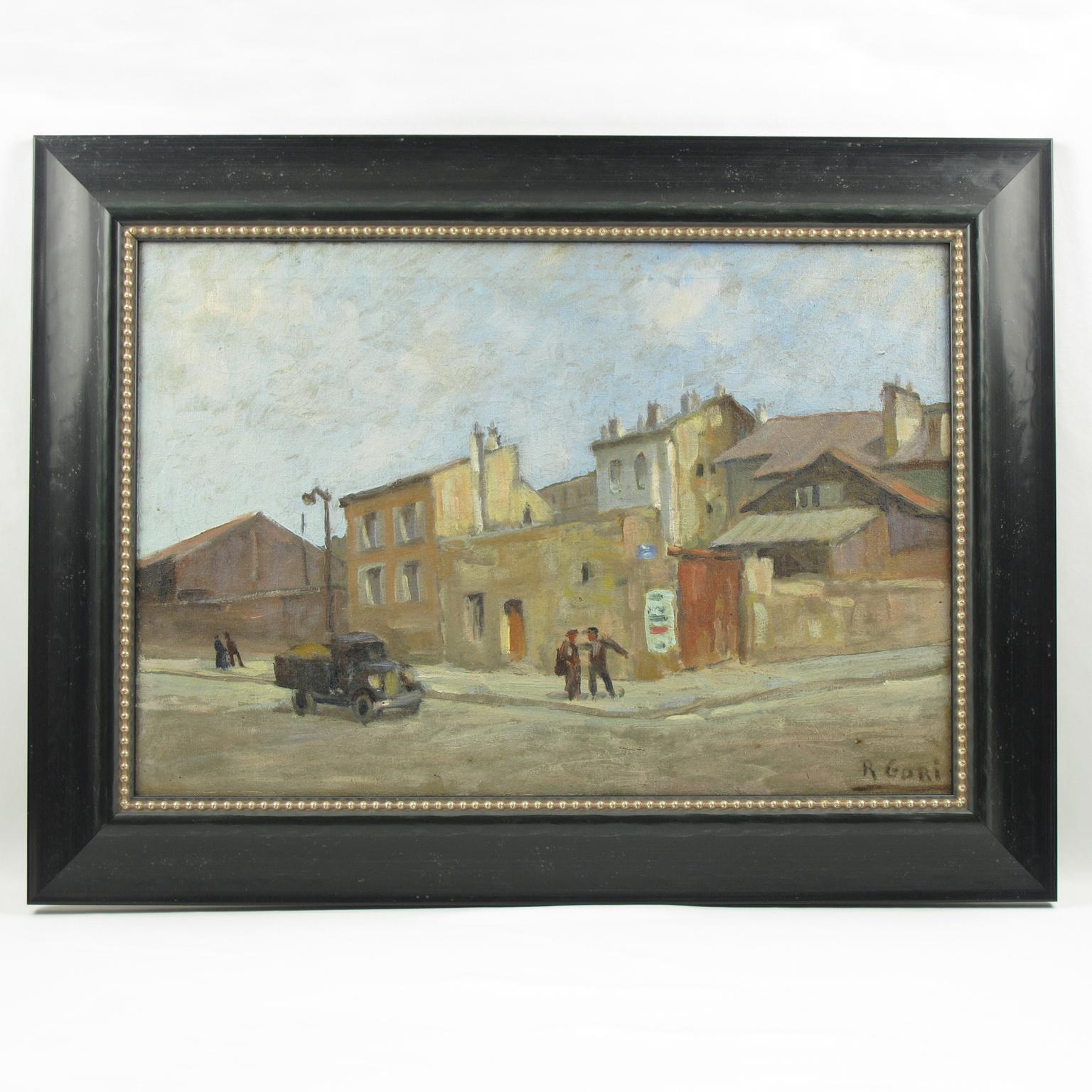 Oil on canvas painting signed by Renzo Gori (1911-1998), featuring an urban street scene probably in France, signed bottom right corner.
Contemporary framed in an elegant black wood textured pattern frame with gilded