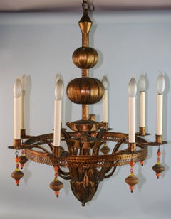 Antique Italian Tole Chandelier, Hand-Crafted Metal, Six Lights, 1940s