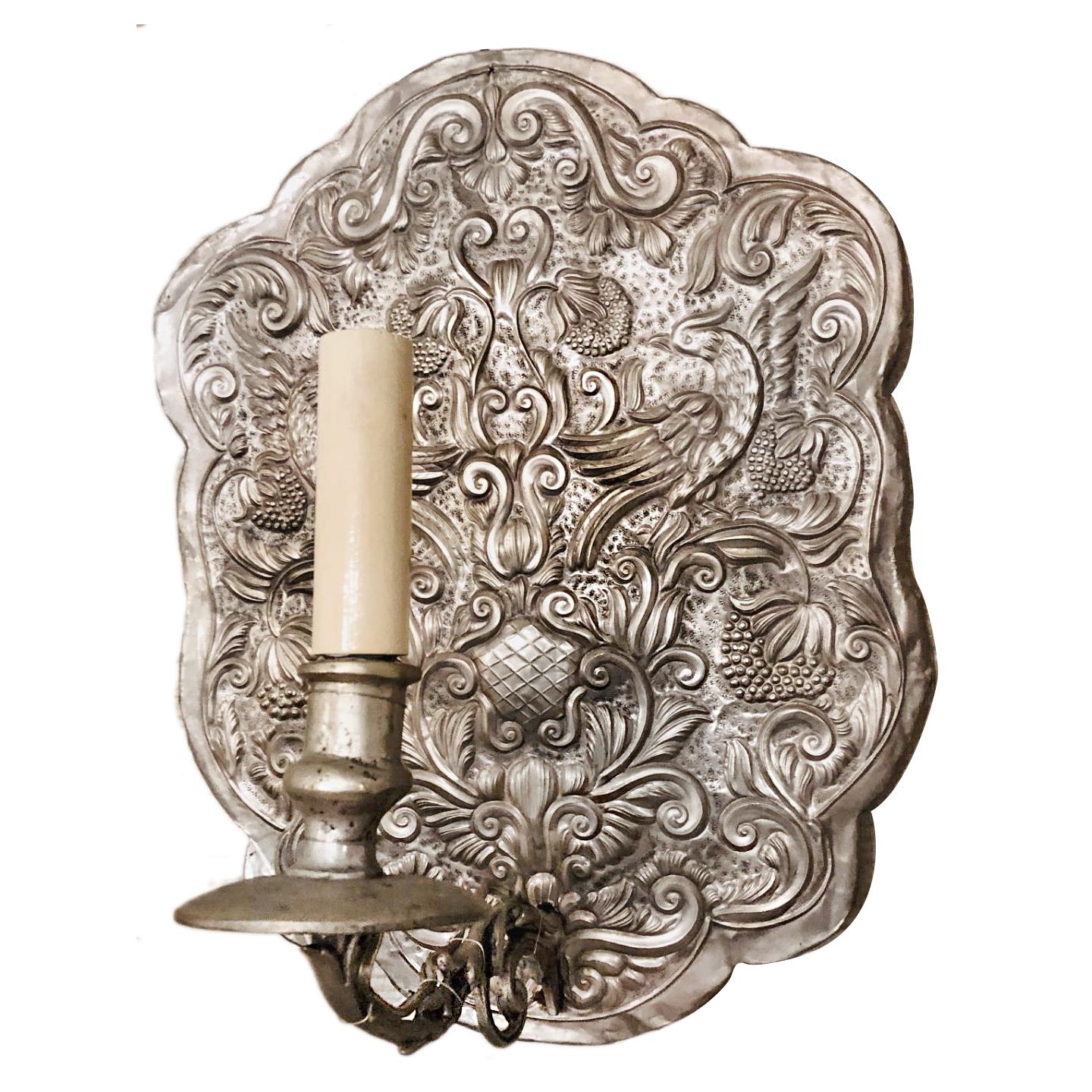 Set of Italian Repoussé Silver Plated Sconces, Sold Per Pair In Good Condition For Sale In New York, NY