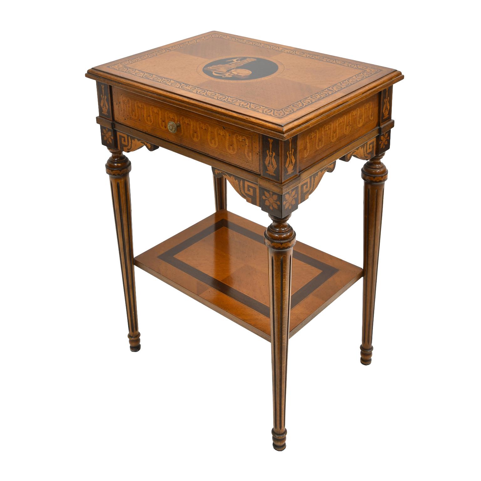 Walnut Italian Reproduction Side Table with Marquetry and Inlays by Baggio