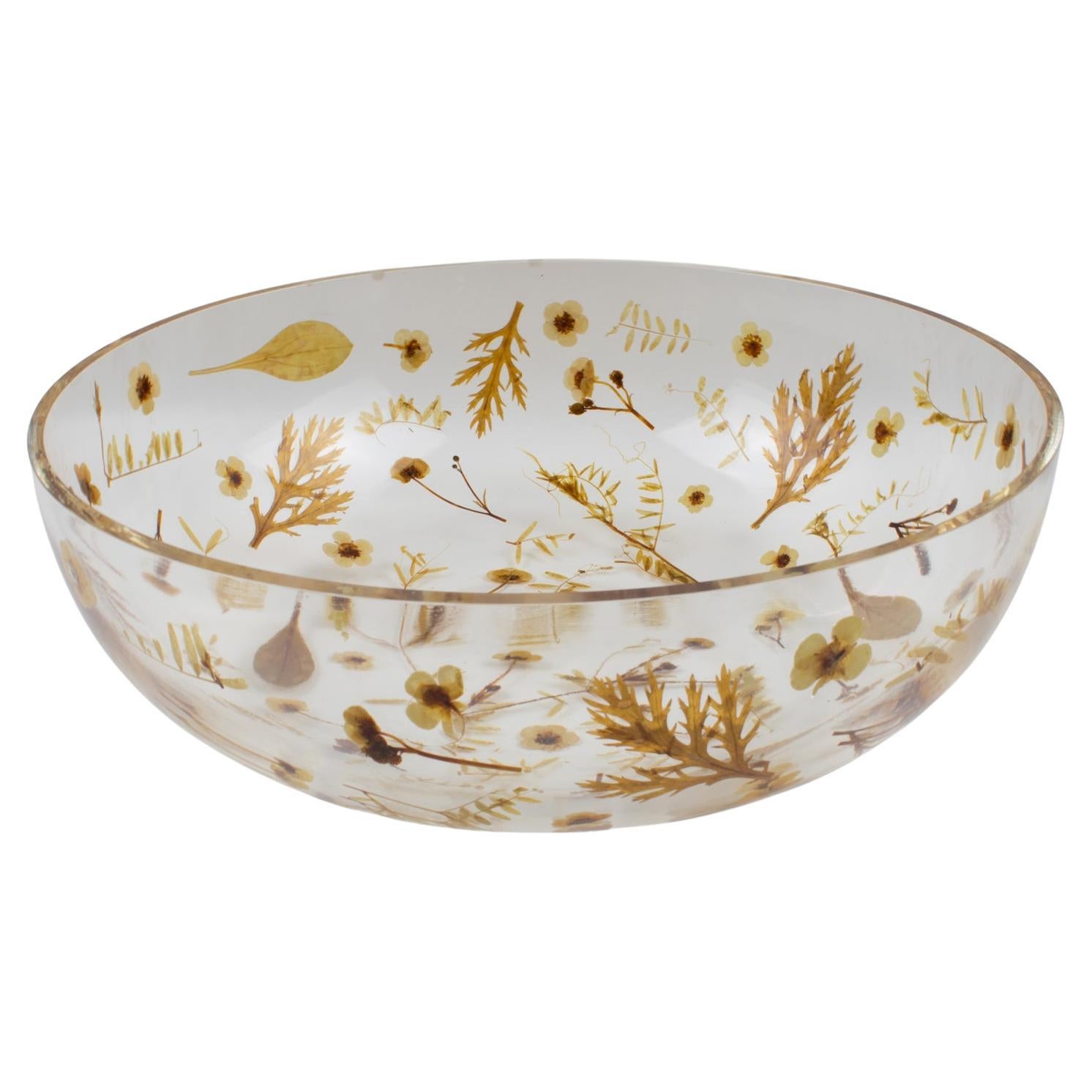 Italian Resin Bowl Centerpiece with Leaves and Flowers Inclusions, 1970s