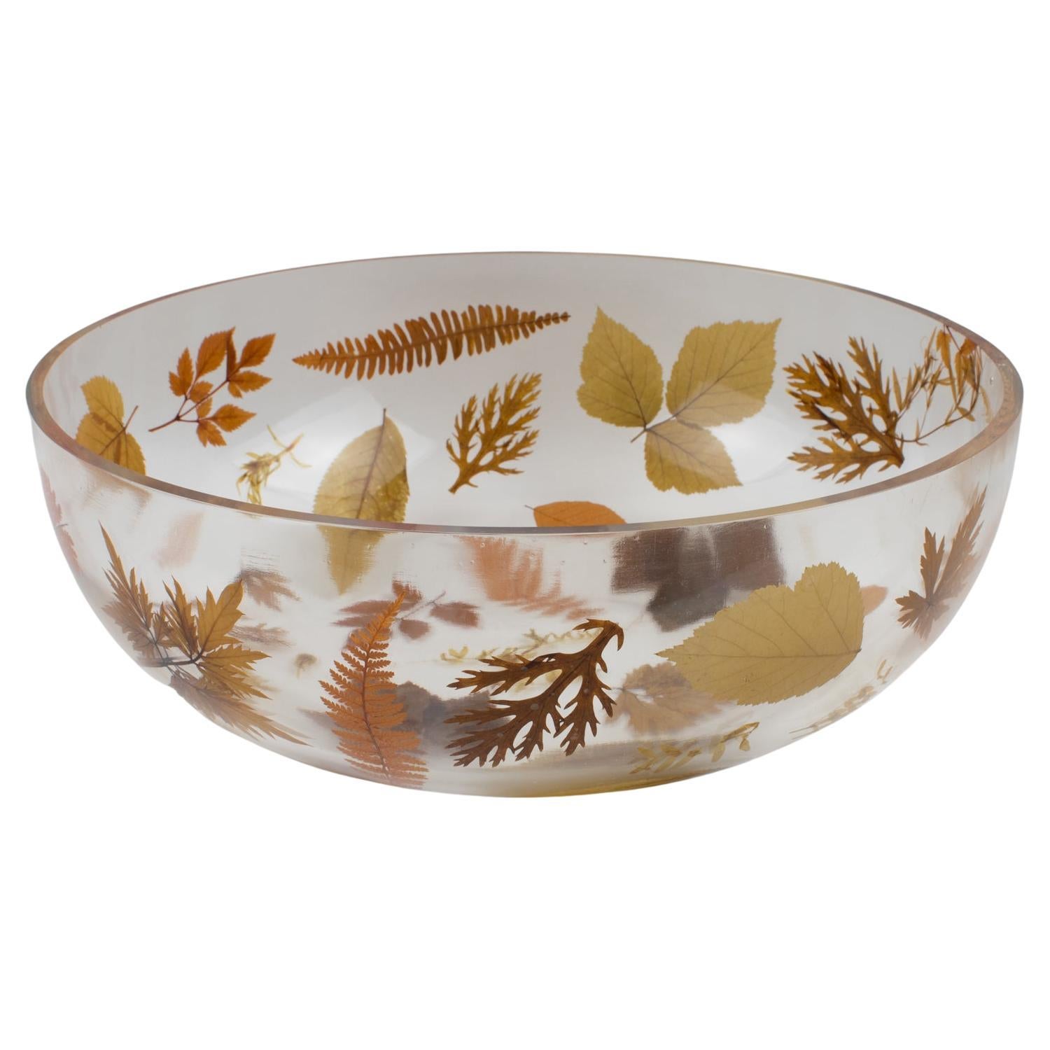 Italian Resin Centerpiece Bowl with Leaves and Flowers Inclusions, 1970s