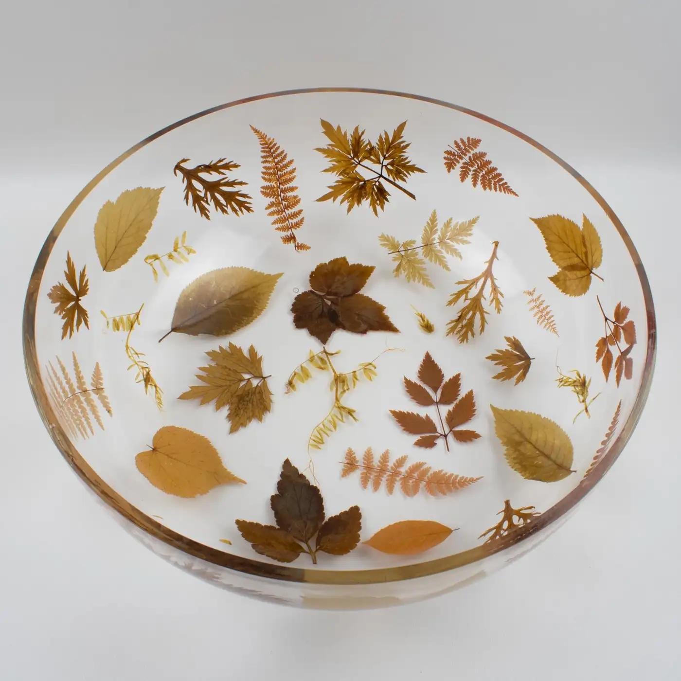 Mid-Century Modern Italian Resin Centerpiece Bowl with Leaves and Flowers Inclusions For Sale