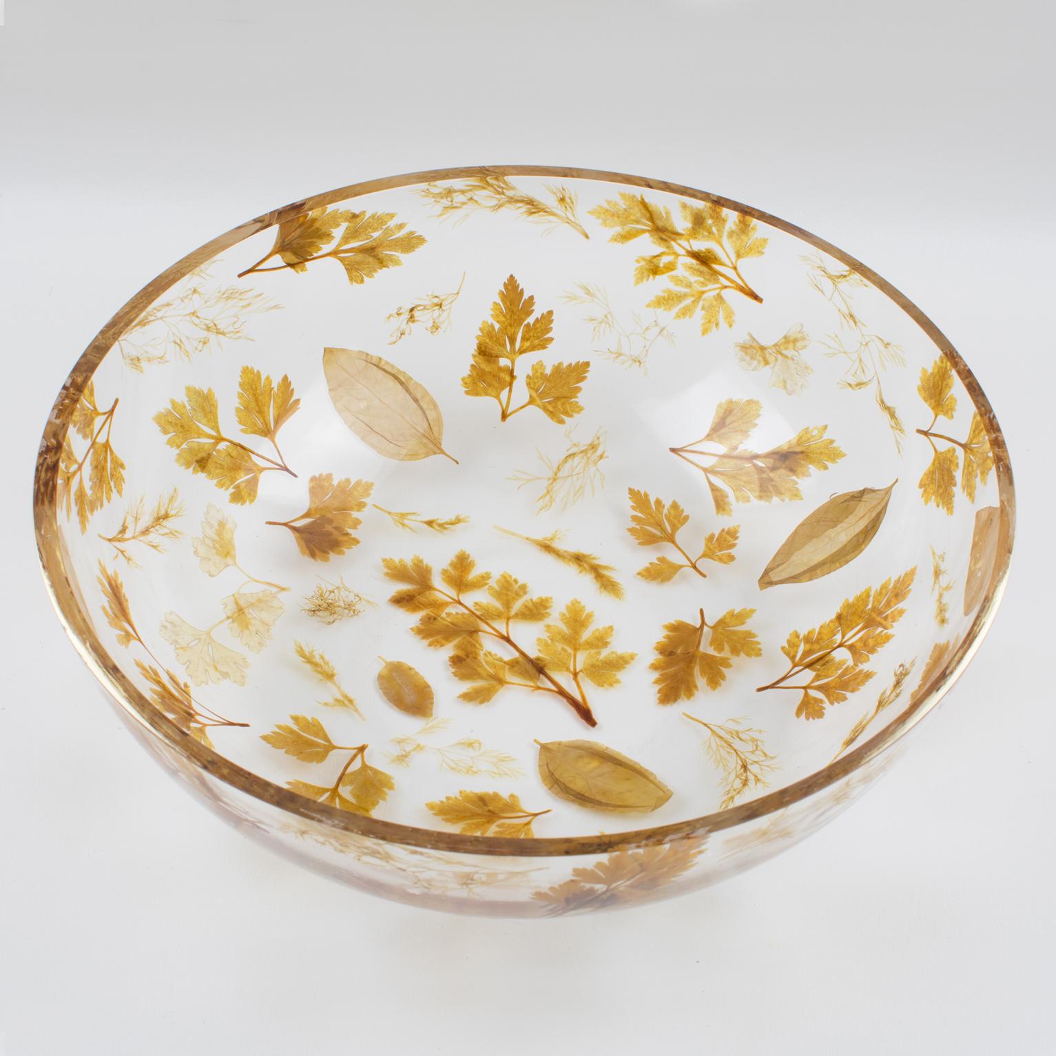 Italian Resin Centerpiece Serving Bowl with Leaves Inclusions, Italy 1970s