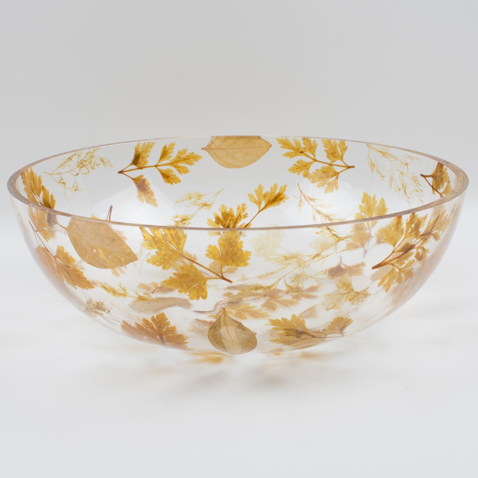 Resin Centerpiece Serving Bowl with Leaves Inclusions, Italy 1970s In Excellent Condition In Atlanta, GA
