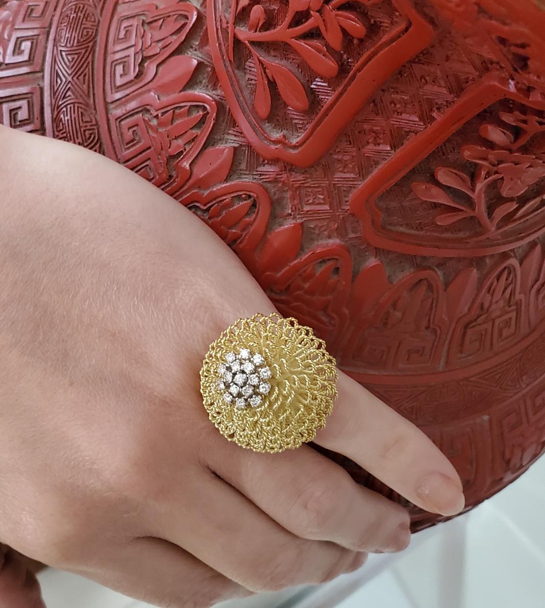 Retro modern diamond cocktail ring.

Beautiful bombe textured cocktail ring, created in Italy during the post war period, back in the early 1960. This bold high profile ring was carefully crafted with an intricate pattern of twisted wires in solid