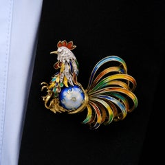 Broche italienne rétro en émail diamantée en or jaune et blanc coq de bruyère