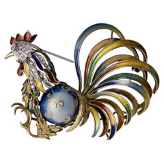 Broche italienne rétro en émail diamantée en or jaune et blanc coq de bruyère