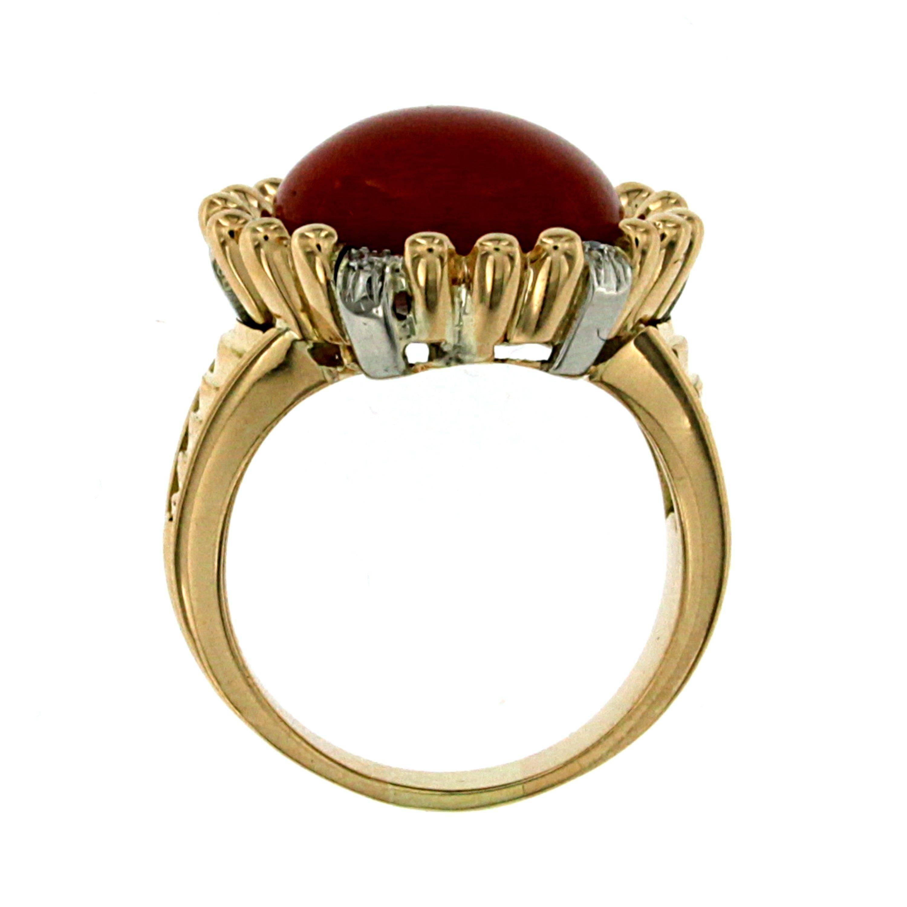 Women's Italian Retro Red Coral Diamond Bi-Color Gold Cocktail Ring