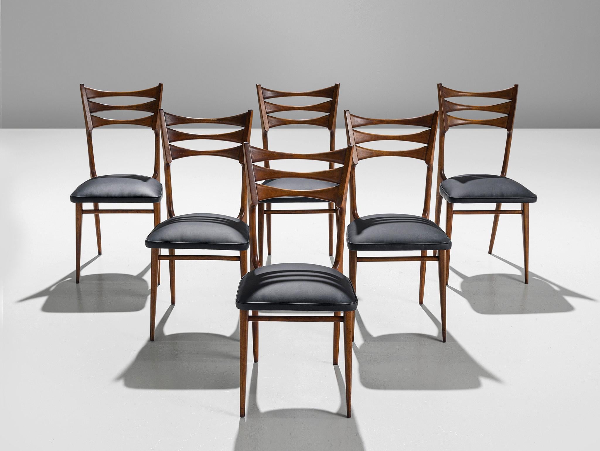 Italian Set of Six Sculptural Dining Chairs in Walnut and Leatherette In Good Condition In Waalwijk, NL
