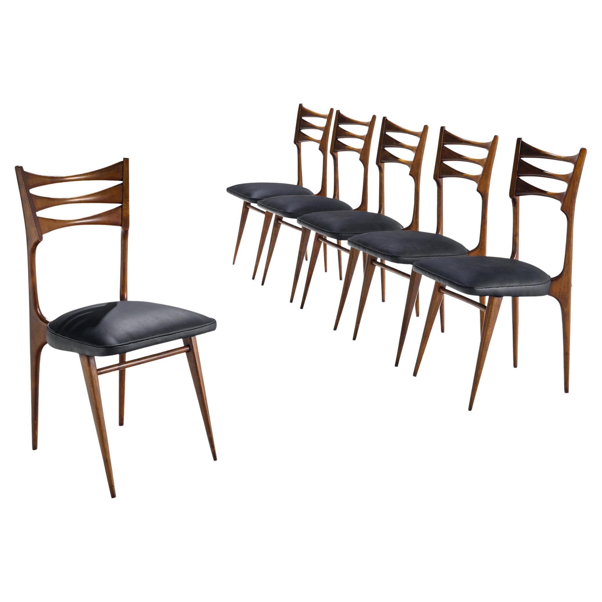 Italian Set of Six Sculptural Dining Chairs in Walnut and Leatherette