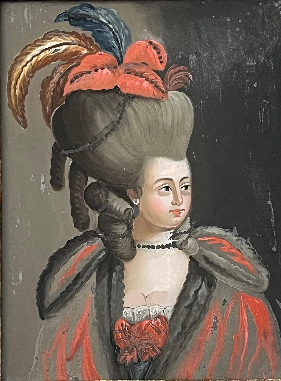 Hand-Carved Italian Reverse Glass Portrait Painting of a Fashionable Lady, Rome, circa 1775 For Sale