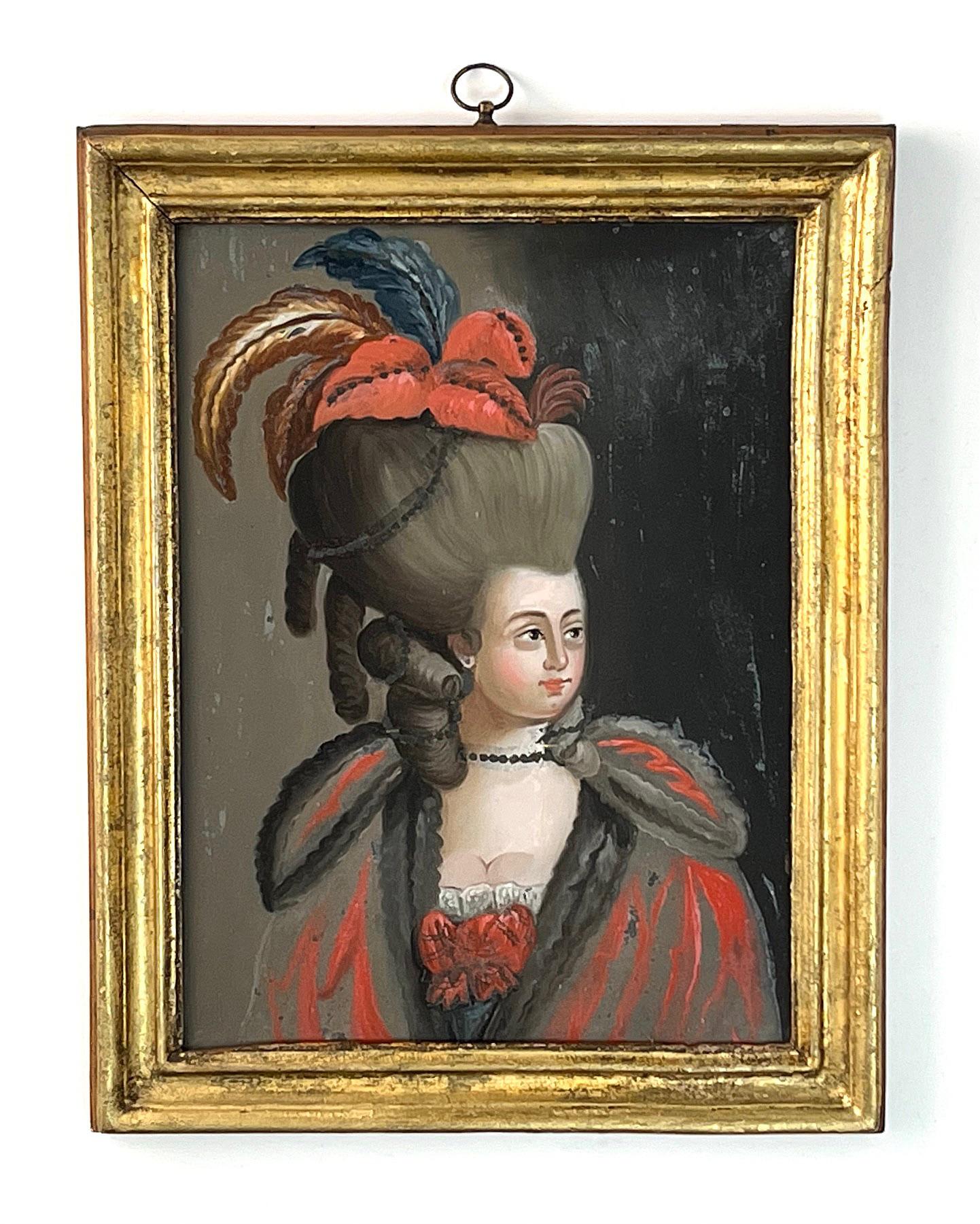 Italian Reverse Glass Portrait Painting of a Fashionable Lady, Rome, circa 1775 In Fair Condition For Sale In Kinderhook, NY
