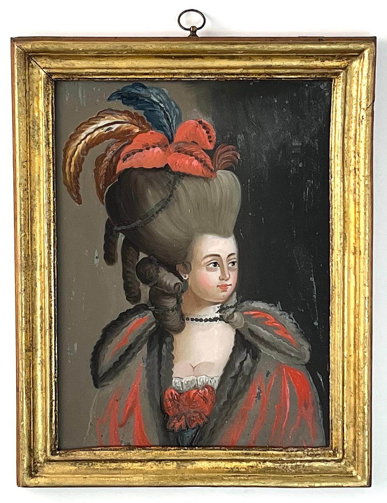 Blown Glass Italian Reverse Glass Portrait Painting of a Fashionable Lady, Rome, circa 1775 For Sale