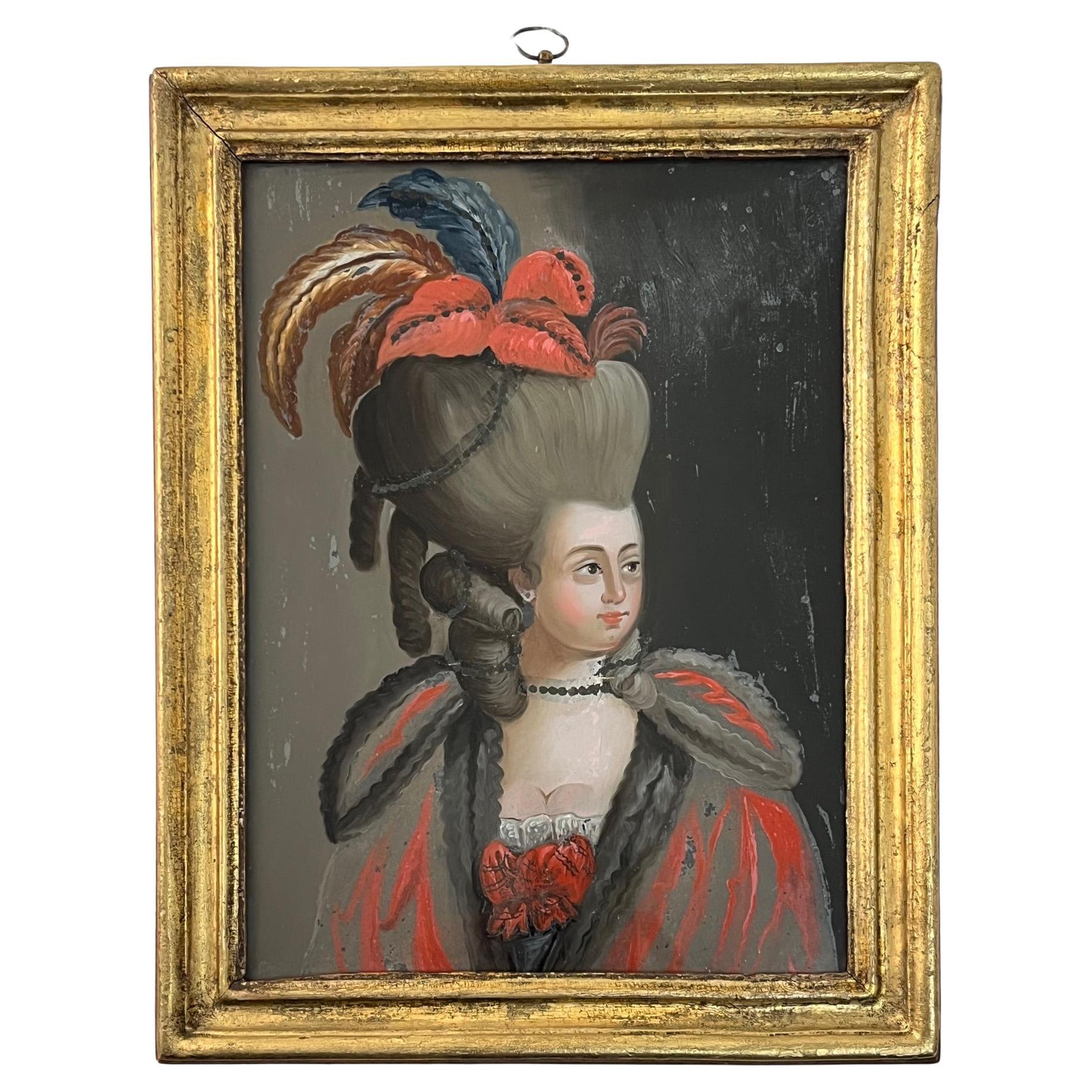 Italian Reverse Glass Portrait Painting of a Fashionable Lady, Rome, circa 1775 For Sale