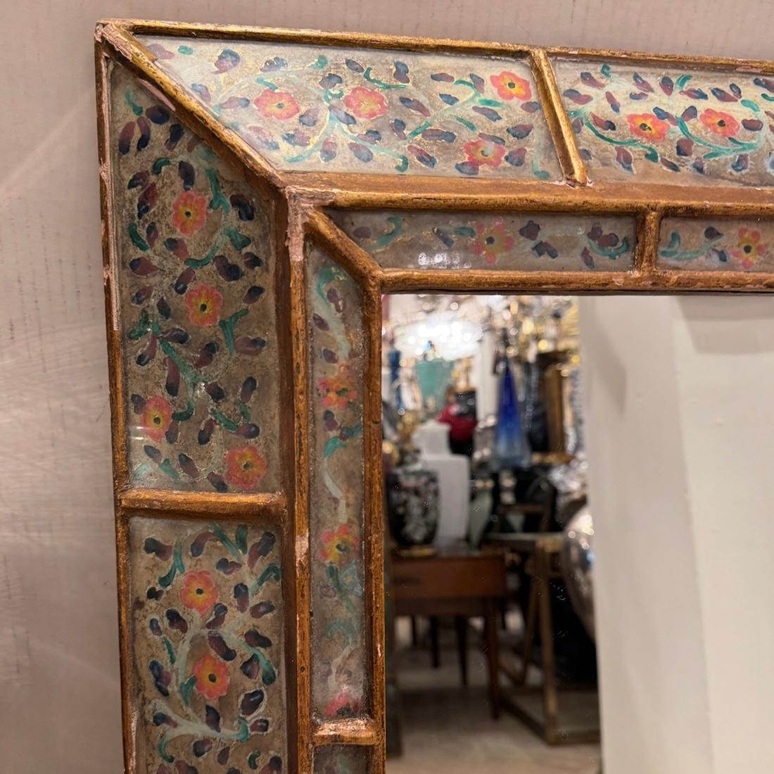Italian Reverse Painted Floral Mirror In Good Condition For Sale In New York, NY