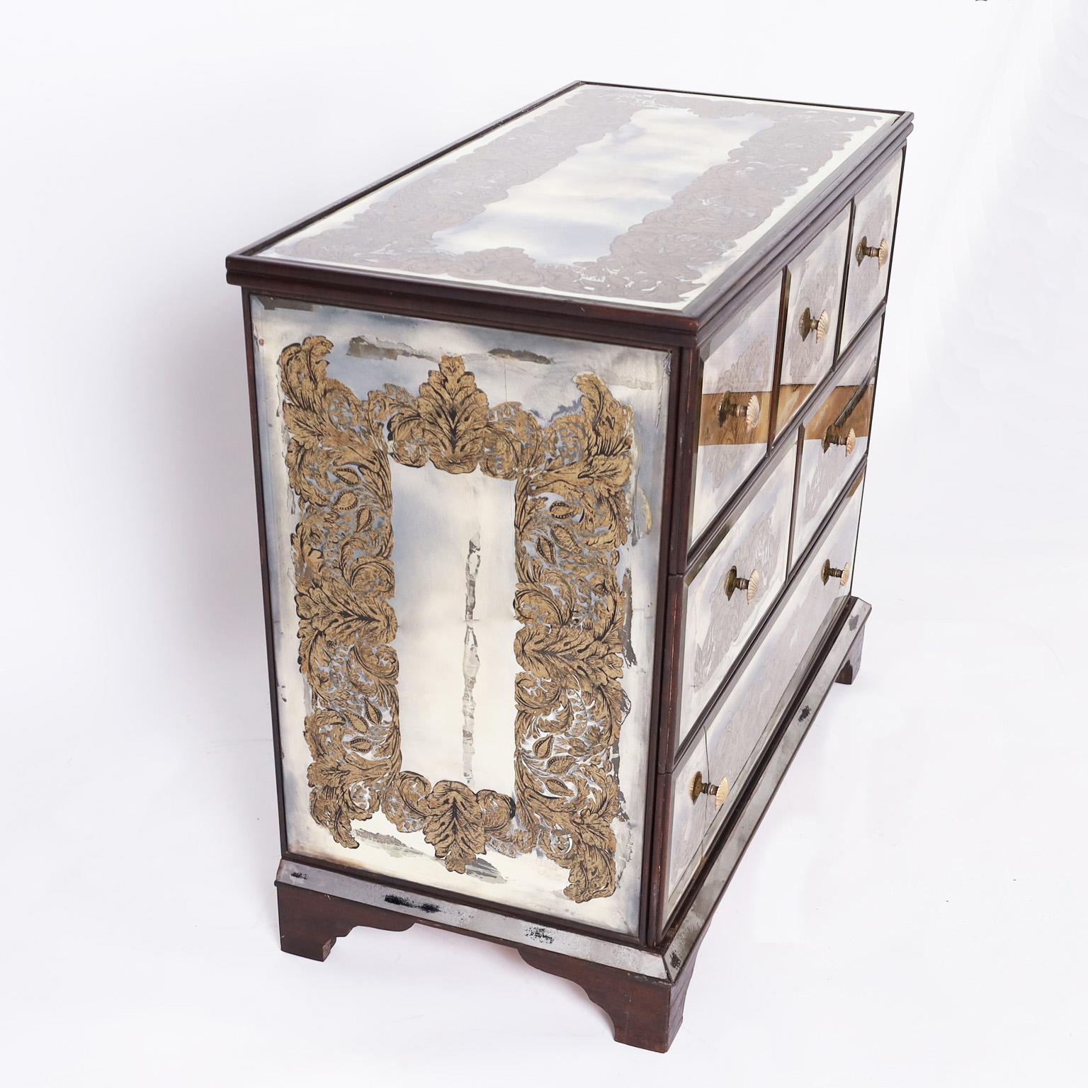 Hollywood Regency Italian Reverse Painted Mirrored Chest of Drawers For Sale