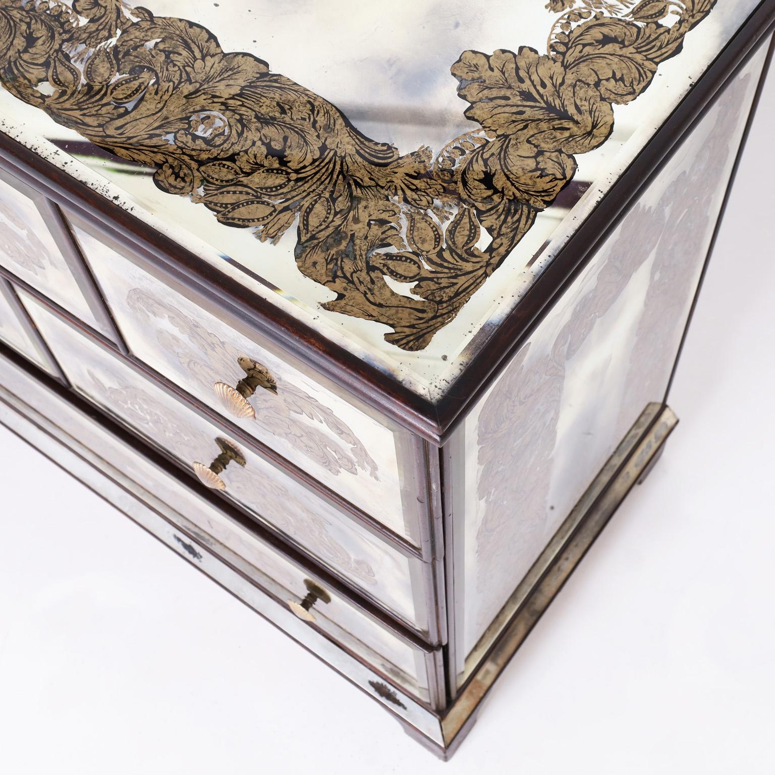 20th Century Italian Reverse Painted Mirrored Chest of Drawers For Sale