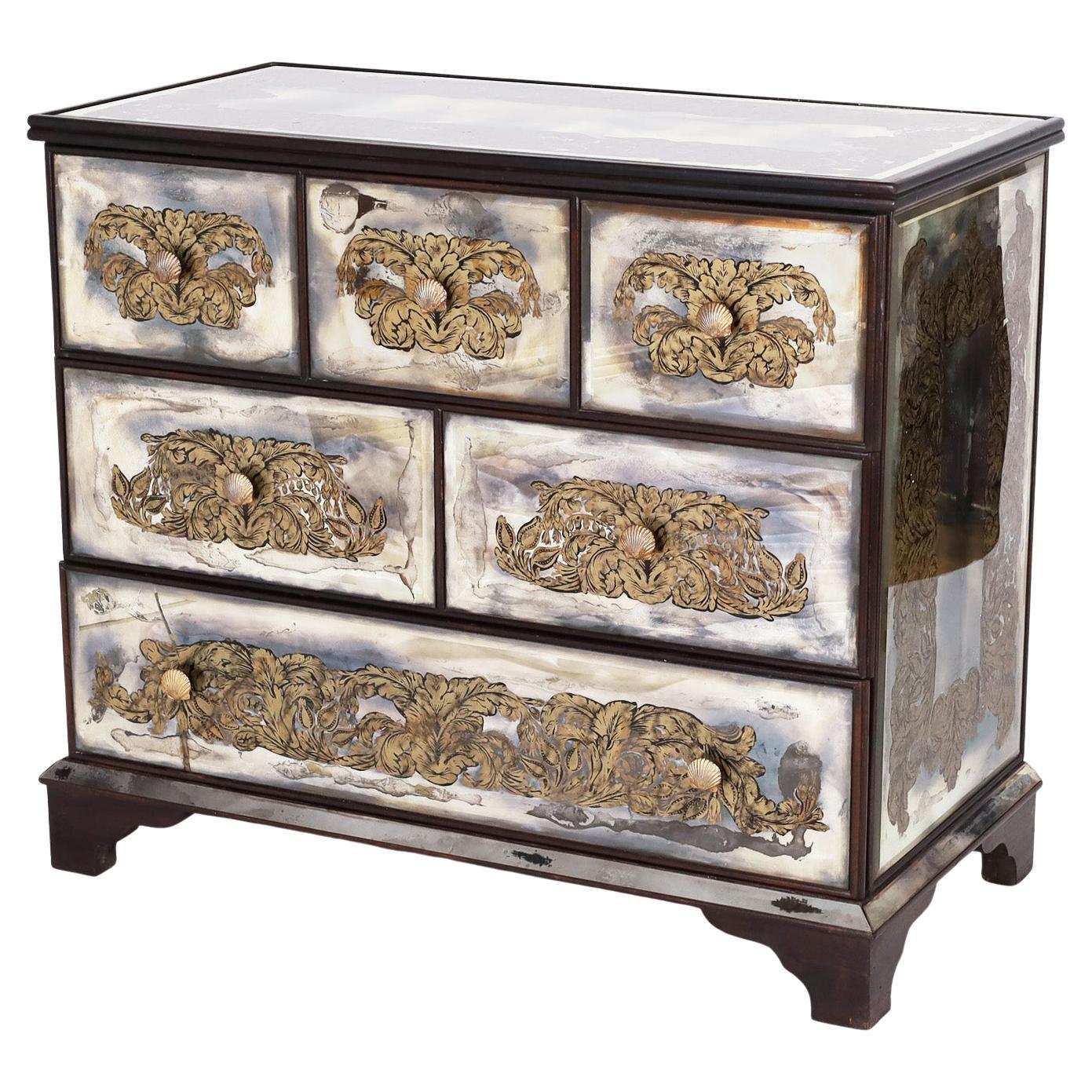 Italian Reverse Painted Mirrored Chest of Drawers For Sale