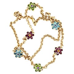 Italian Reversible Gemstone Flower Design Chain Necklace in 14k Gold