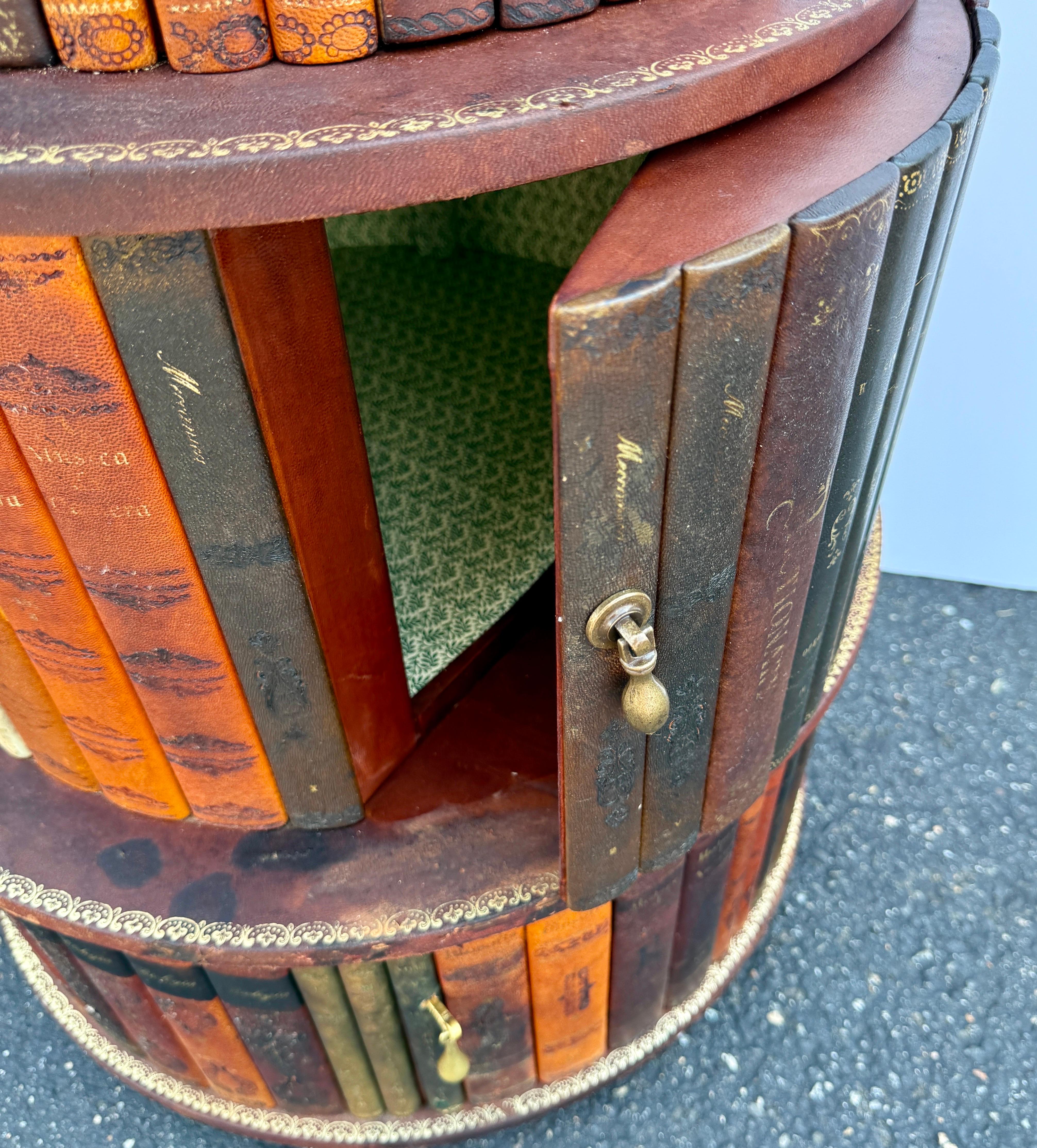 Italian Revolving Leather Faux Book Side Table Cabinet Mid Century Modern For Sale 3