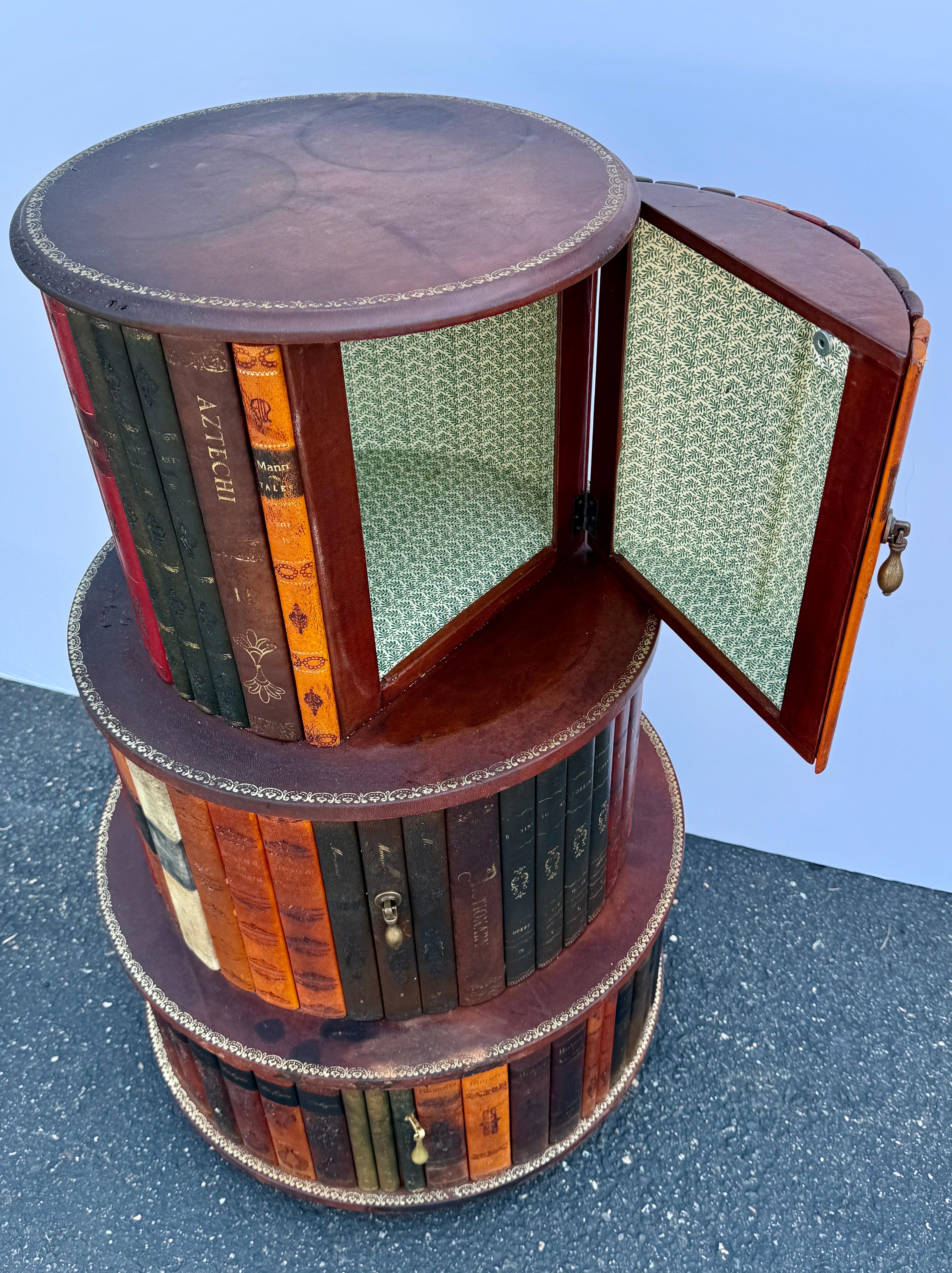 Italian Revolving Leather Faux Book Side Table Cabinet Mid Century Modern For Sale 9
