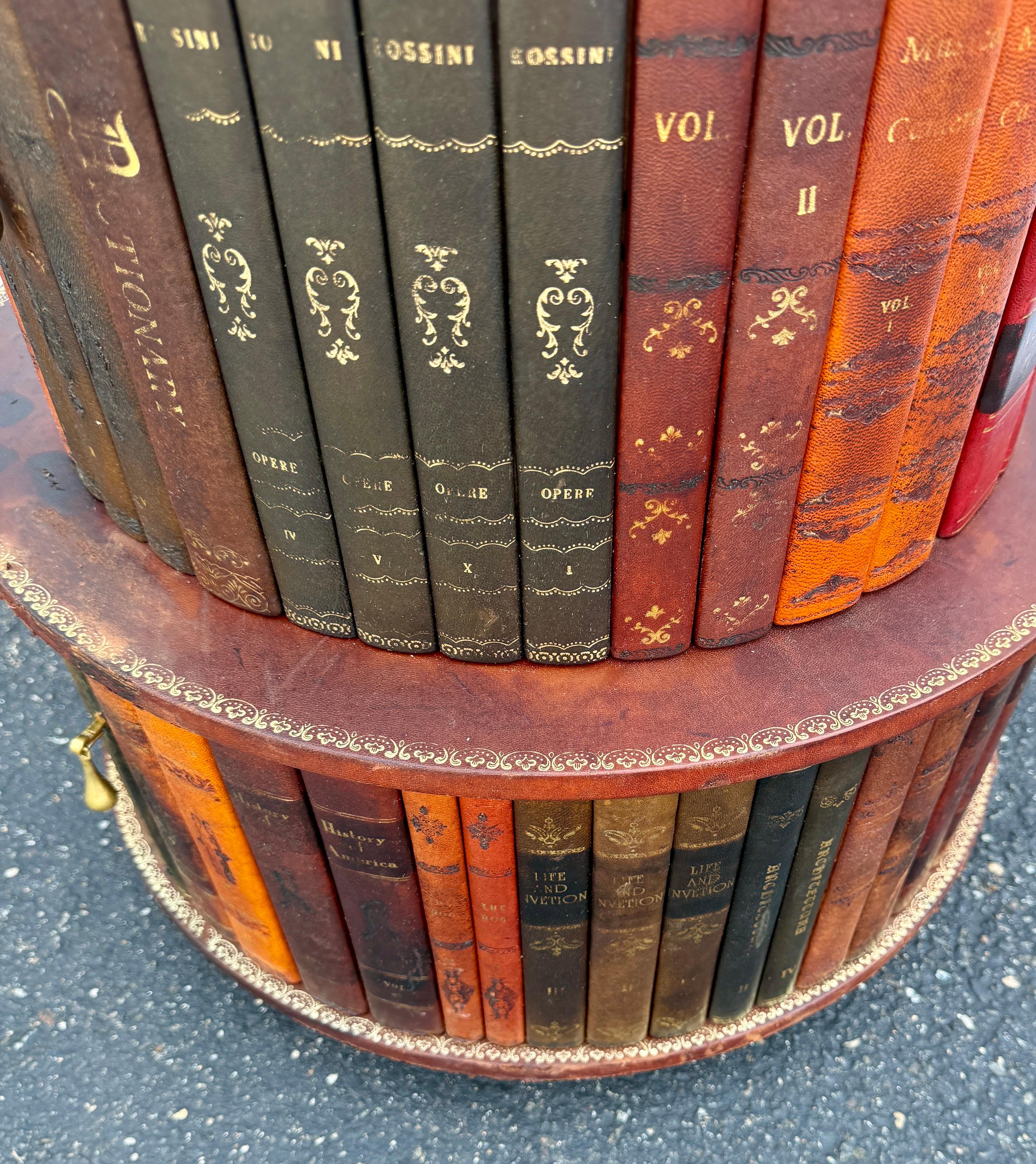 Italian Revolving Leather Faux Book Side Table Cabinet Mid Century Modern For Sale 12