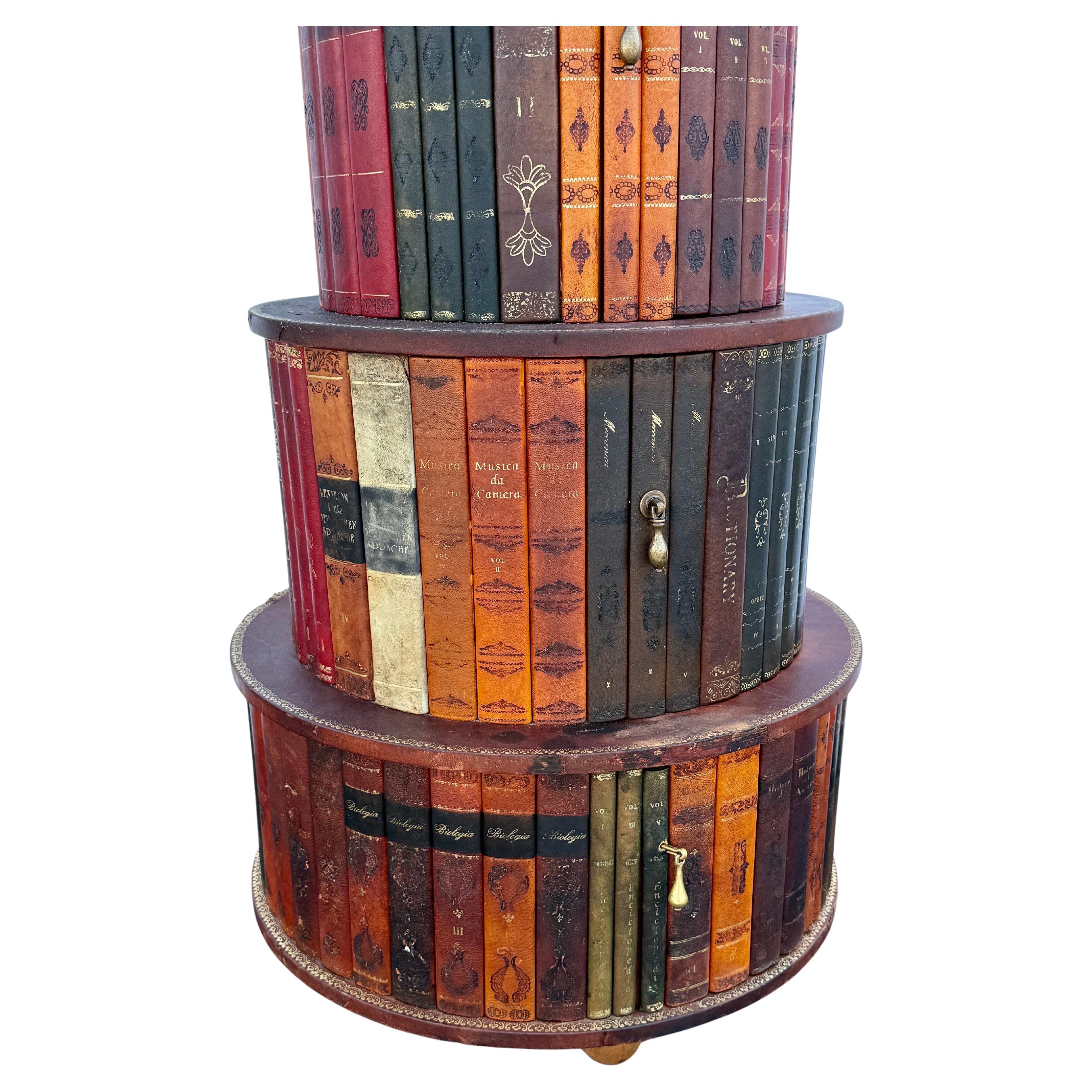 Regency Italian Revolving Leather Faux Book Side Table Cabinet Mid Century Modern For Sale