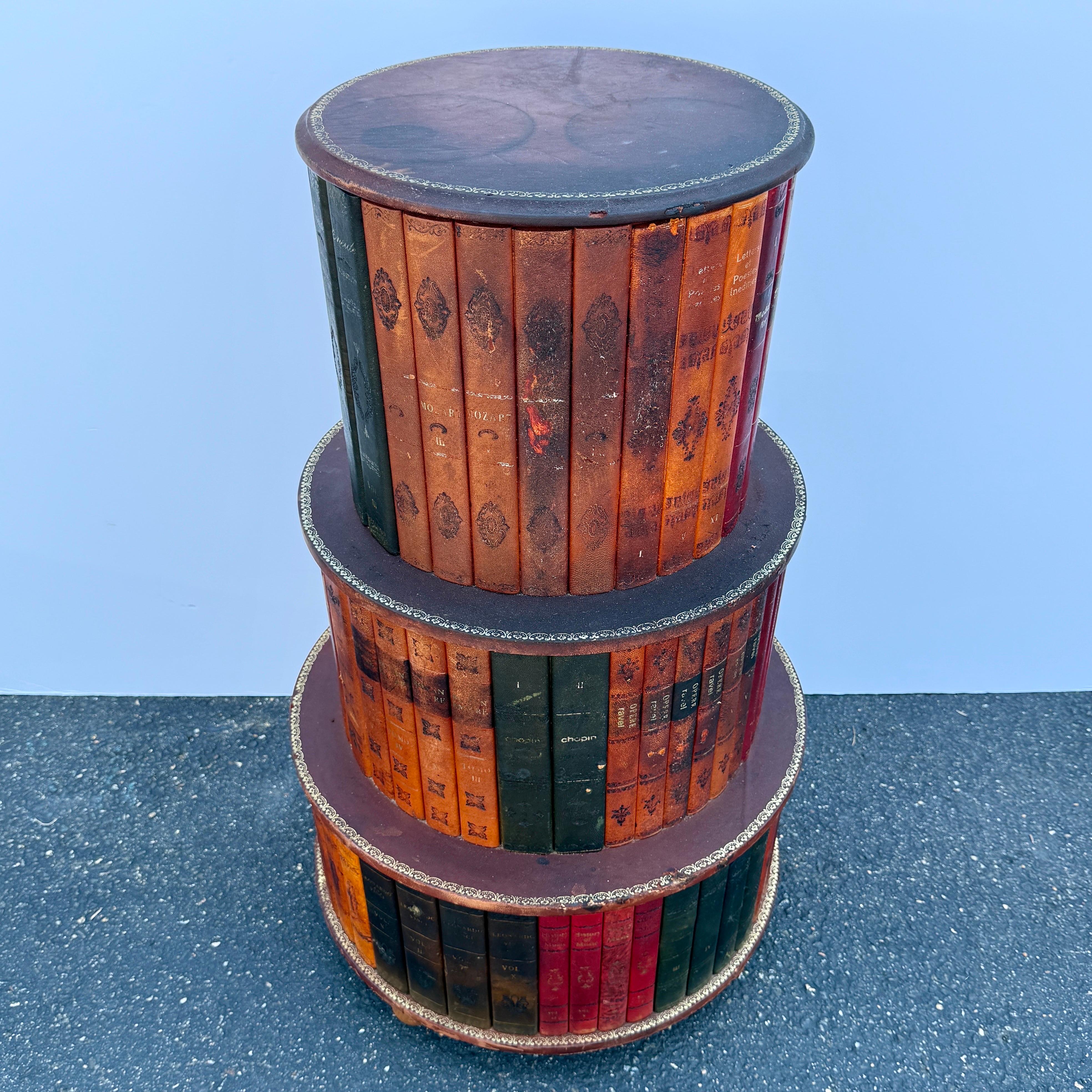 Italian Revolving Leather Faux Book Side Table Cabinet Mid Century Modern In Good Condition For Sale In Haddonfield, NJ
