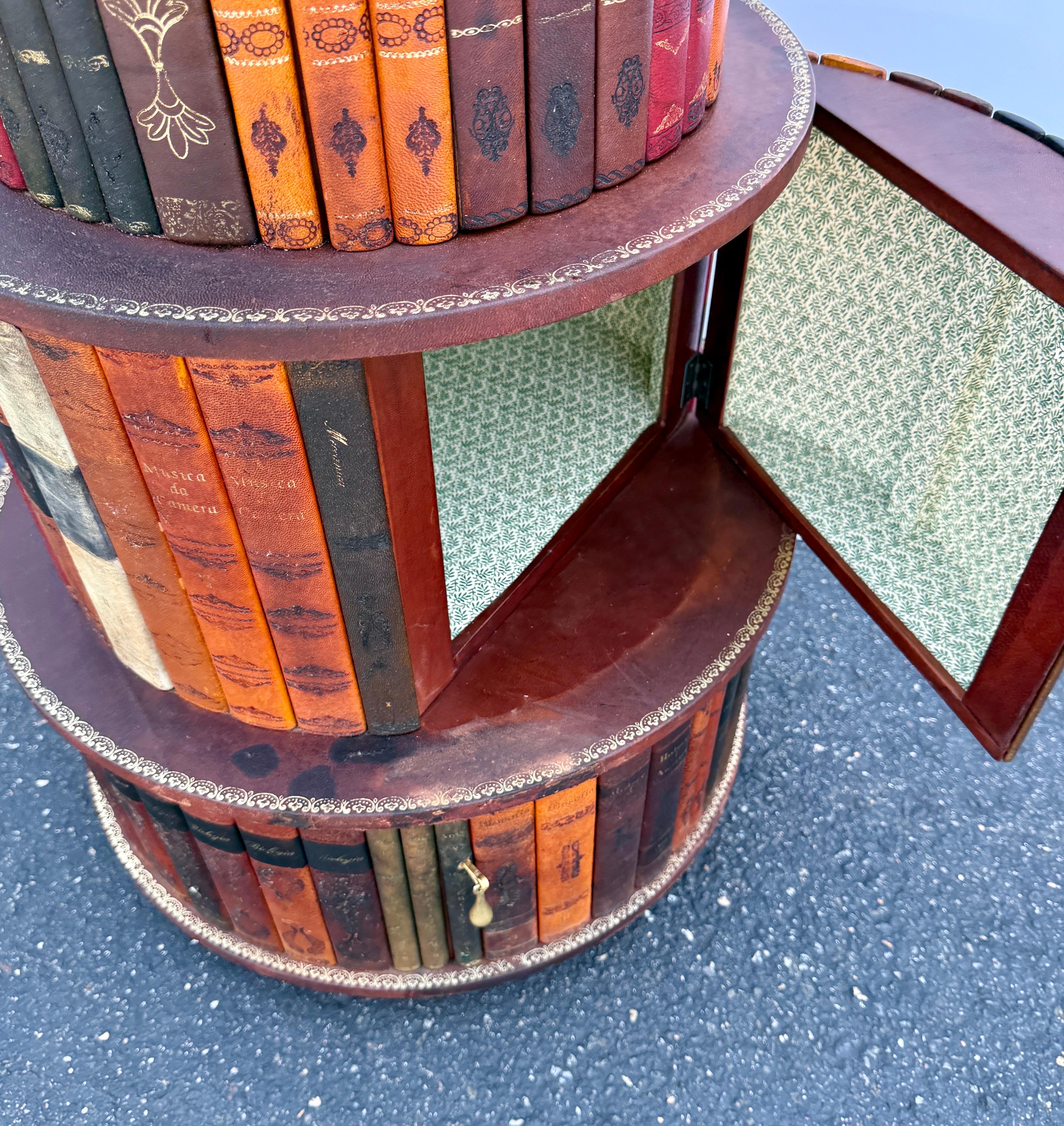 20th Century Italian Revolving Leather Faux Book Side Table Cabinet Mid Century Modern For Sale