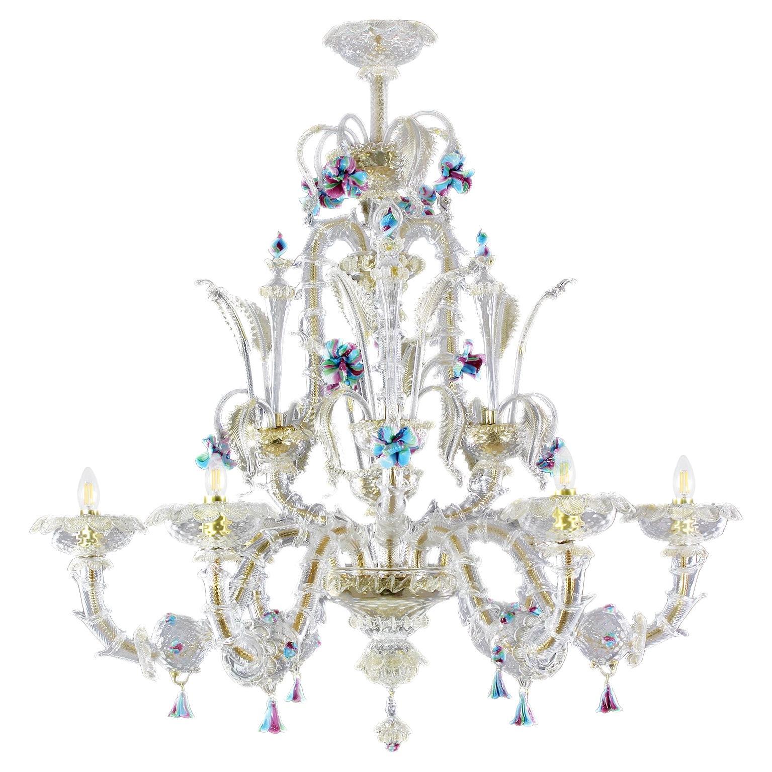 Rezzonico Chandelier 6 Arms Murano Clear-Gold Glass by Multiforme For Sale