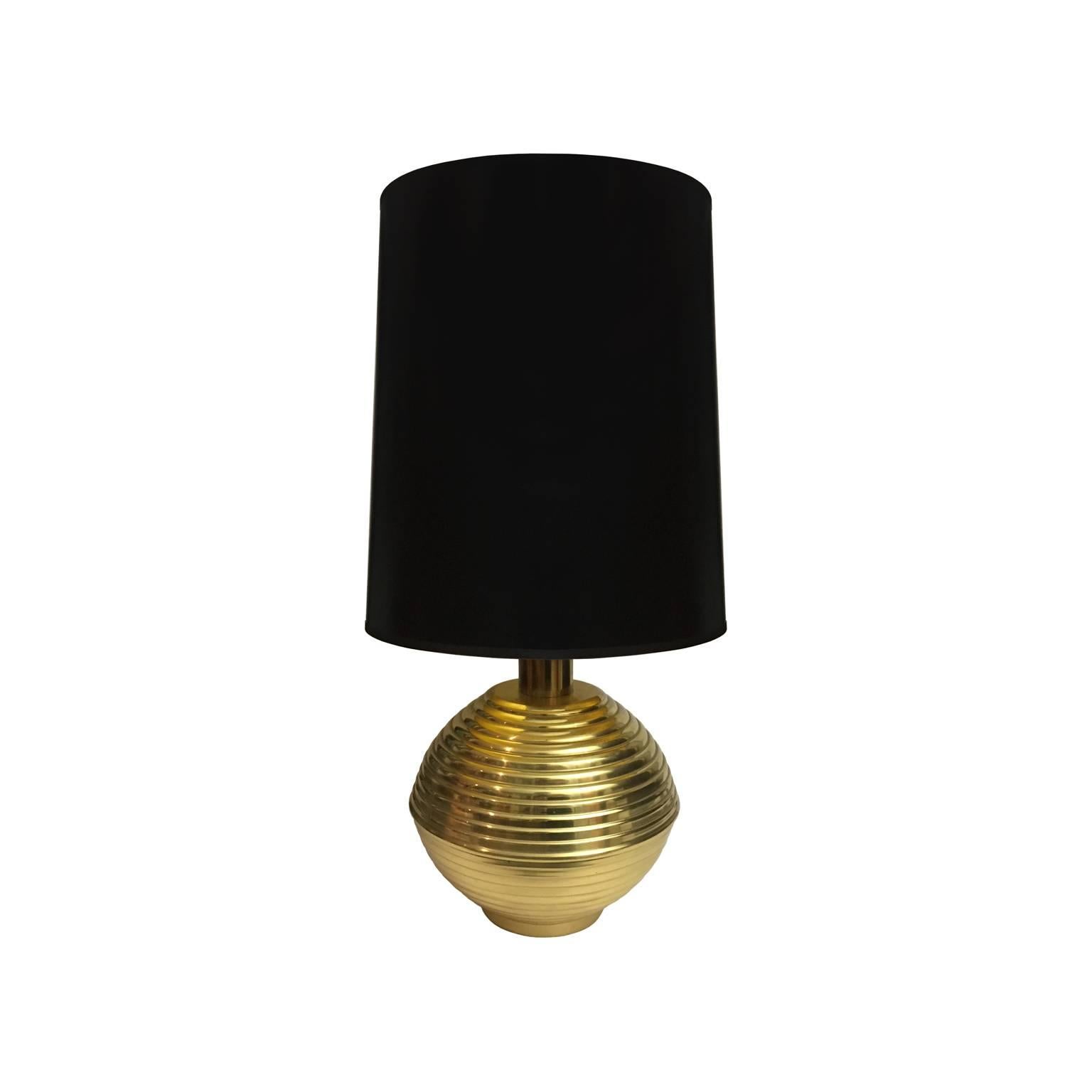Italian Ribbed Brass Globe Table Lamp with Black Shade