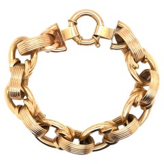 Italian Ribbed High Polish 14 Karat Yellow Gold Oval Open Link Vintage Bracelet