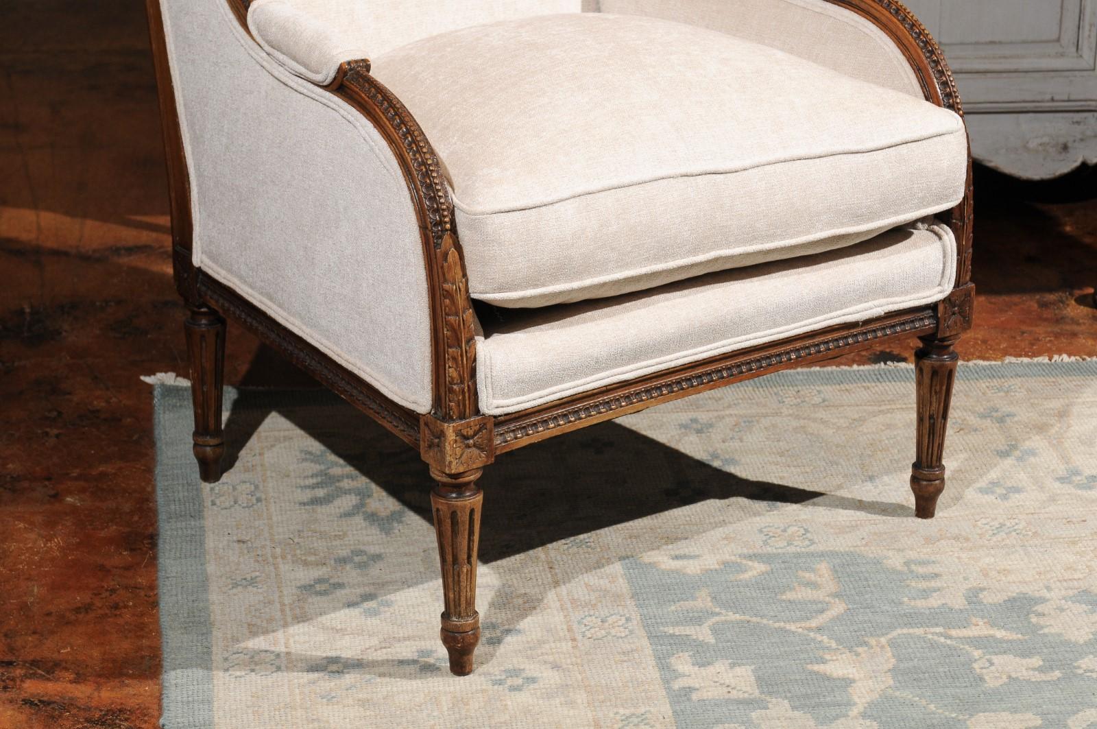 19th Century Italian Richly Carved Neoclassical Style 1890s Wooden Bergère with Upholstery