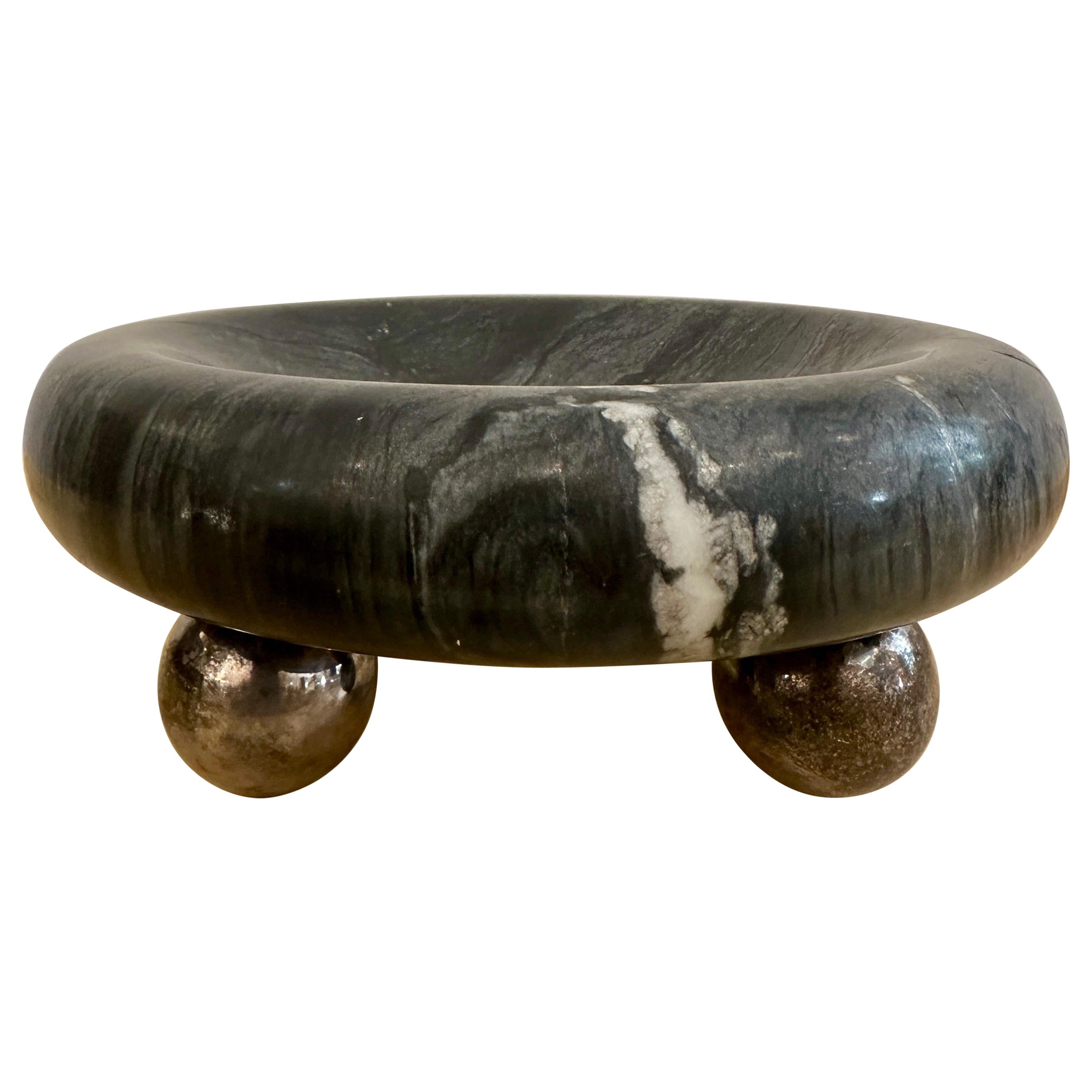 Italian Riedel Mesa Marble Catchall with Silver Footed Base