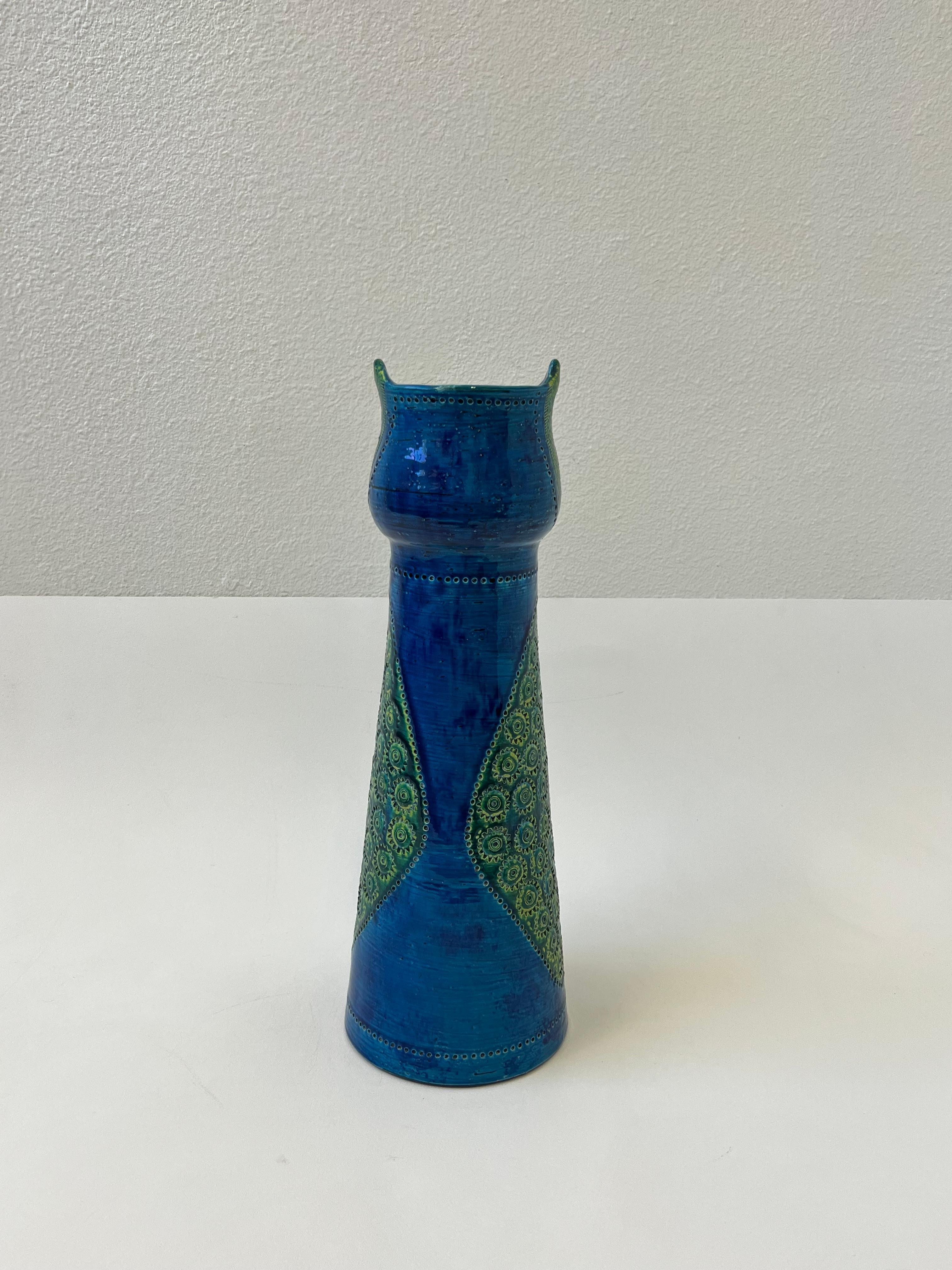 Italienische blaue Rimini- Eule-Vase aus Keramik von Aldo Londi für Bitossi  (Glasiert) im Angebot