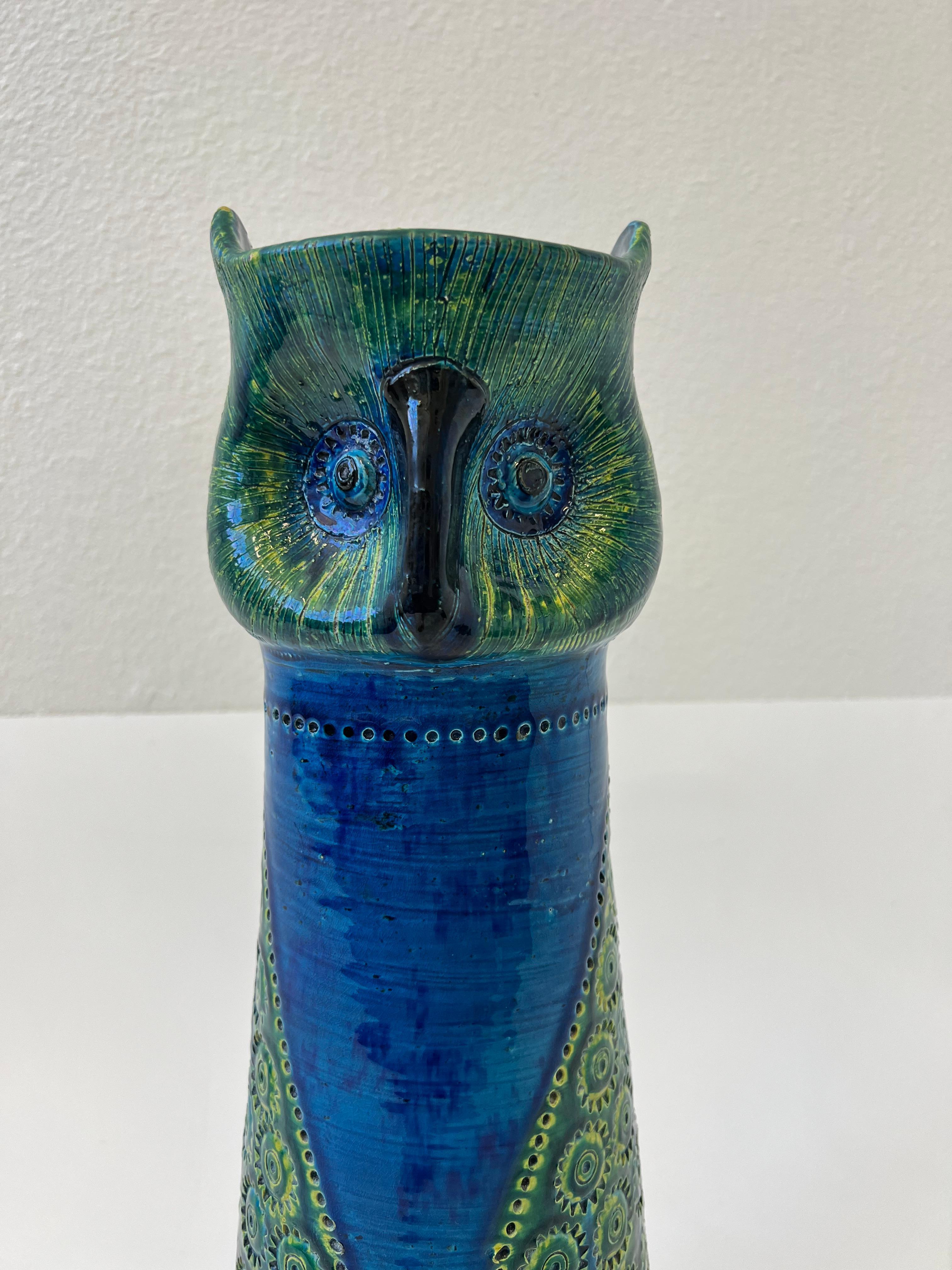 Glazed Italian “Rimini Blue” Ceramic Owl Vase by Aldo Londi for Bitossi  For Sale