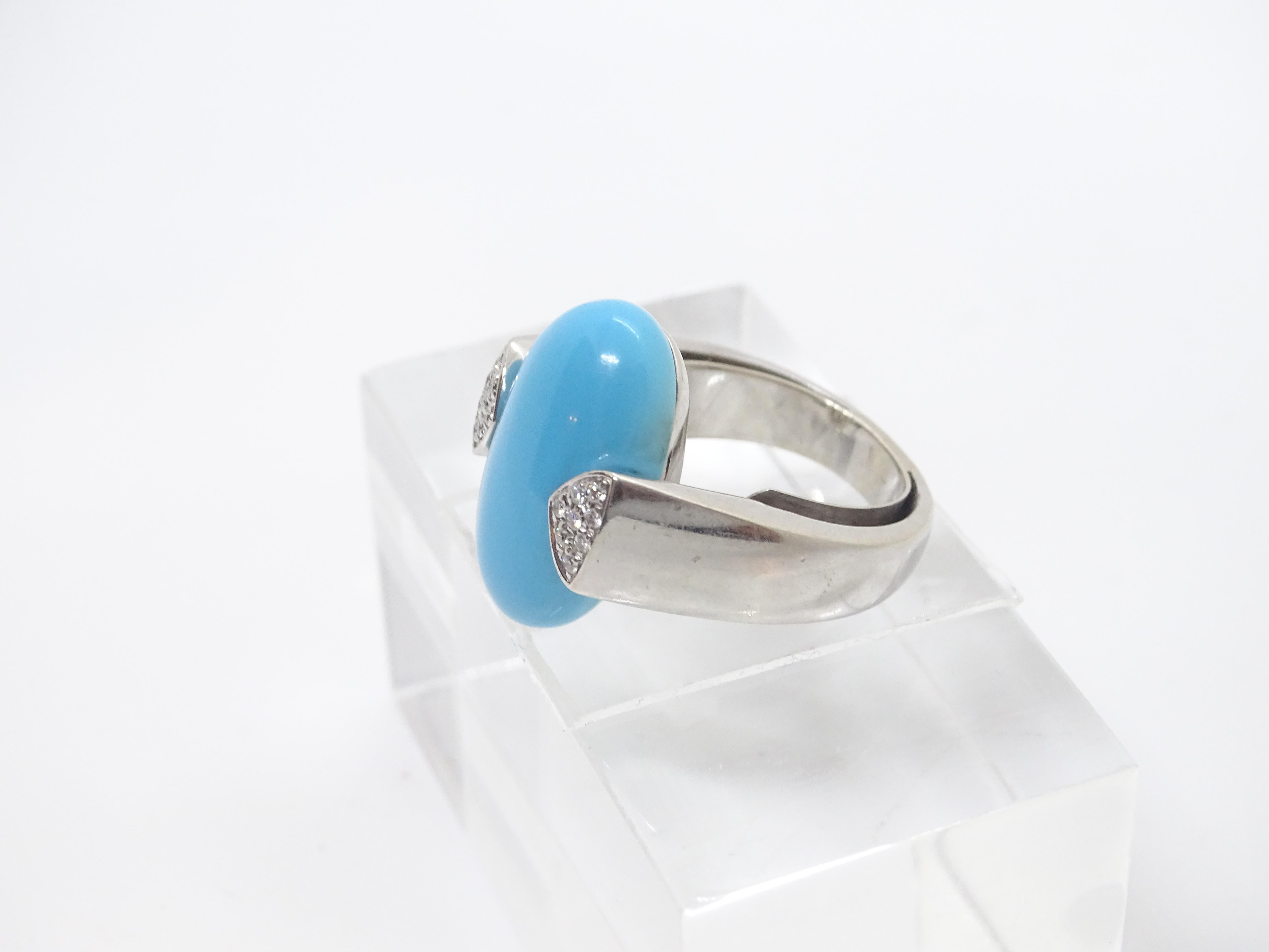 Italian Ring 18k white gold, turquoise cabochon and diamonds, 60's For Sale 5