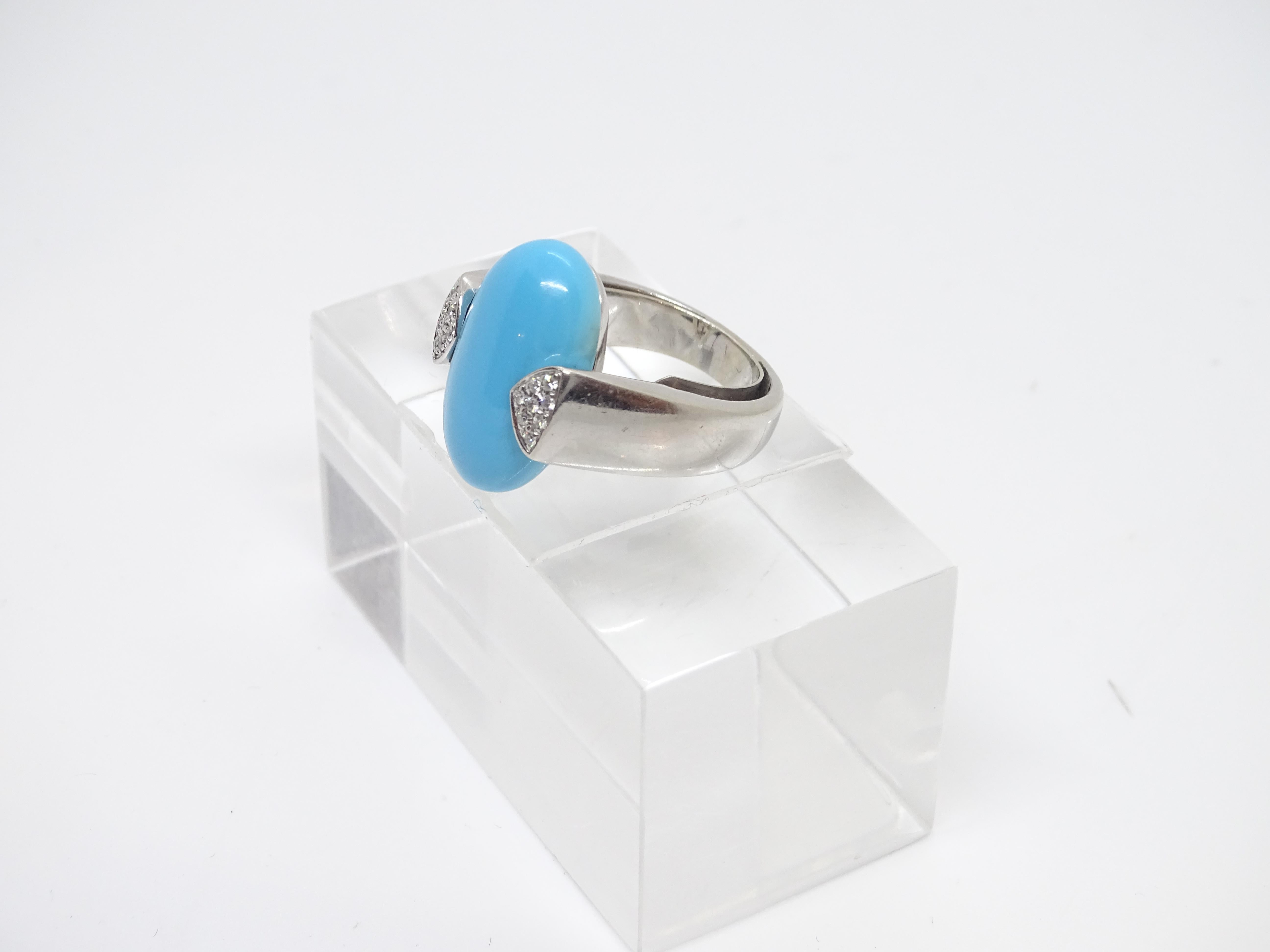 Italian Ring 18k white gold, turquoise cabochon and diamonds, 60's For Sale 6